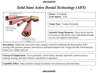 UNCLASSIFIED

                      Solid State Active Denial Technology (ADT)
        Target Multiple People
        Simultaneously
                                                              Status: Conceptual
                                                              Lead Agency: USA


                                                              Target Type: Counter-Personnel
   Maintain Desired
   Power & Coverage
   Versus Range
                                                              Intended Target Response: Deny access into/out
                                                              of an area to individuals, move individuals through
                              Widen Beam to Cover             an area, and suppress individuals.
                             Several People for Crowd
                                      Control

Description: Solid state will yield a more compact system by combining the functionality of the
existing ADT gyrotron, antenna, sub-reflector, and beam transport into a single unit that will drastically
reduce size, weight, and cost.

Concept of Employment: Force protection, crowd control, detainee operations, patrols/convoys,
building clearing, and other offensive and defensive operations.

Capability Effect: Heat sensation causing involuntary movement away from the beam.

                                                                                                             59
                                                        UNCLASSIFIED
 