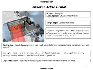 UNCLASSIFIED

                                 Airborne Active Denial
                                                   Status: Conceptual
                                                   Lead Agency: USAF Service Unique


                                                   Target Type: Counter-Personnel


                                                   Intended Target Response: Deny access into/out
                                                   of an area to individuals, move individuals through
                                                   an area, and suppress individuals.



Description: Directed energy system on a fixed-wing platform with operationally significant range and
standoff.

Concept of Employment: Force protection, crowd control, detainee operations, patrols/convoys,
building clearing, and other offensive and defensive operations.

Capability Effect: Heat sensation causing involuntary movement away from the beam.

                                                                                                  60
                                            UNCLASSIFIED
 