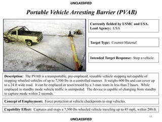 UNCLASSIFIED

               Portable Vehicle Arresting Barrier (PVAB)
                                                          Currently fielded by USMC and USA.
                                                          Lead Agency: USA


                                                          Target Type: Counter-Materiel



                                                          Intended Target Response: Stop a vehicle.




Description: The PVAB is a transportable, pre-emplaced, reusable vehicle stopping net capable of
stopping wheeled vehicles of up to 7,500 lbs in a controlled manner. It weighs 600 lbs and can cover up
to a 24 ft wide road. It can be emplaced or reset/reused by a 3-man team in less than 2 hours. While
emplaced in standby mode vehicle traffic is unimpeded. The device is capable of changing from standby
to capture mode within 2 seconds.

Concept of Employment: Force protection at vehicle checkpoints to stop vehicles.

Capability Effect: Captures and stops a 7,500 lbs wheeled vehicle traveling up to 45 mph, within 200 ft.
                                                                                                   66
                                             UNCLASSIFIED
 