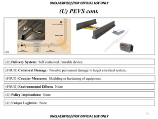 UNCLASSIFIED//FOR OFFICIAL USE ONLY

                                    (U) PEVS cont.




(U)


(U) Delivery System: Self contained, reusable device.

(FOUO) Collateral Damage: Possible permanent damage to target electrical system.

(FOUO) Counter Measures: Shielding or hardening of equipment.

(FOUO) Environmental Effects: None

(U) Policy Implications: None

(U) Unique Logistics: None

                                                                                   73
                              UNCLASSIFIED//FOR OFFICIAL USE ONLY
 