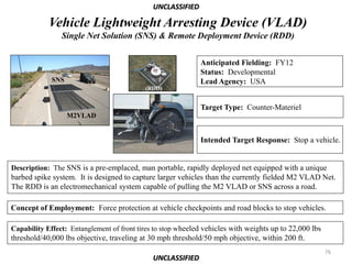 UNCLASSIFIED

            Vehicle Lightweight Arresting Device (VLAD)
                Single Net Solution (SNS) & Remote Deployment Device (RDD)


                                                             Anticipated Fielding: FY12
                                                             Status: Developmental
             SNS                                             Lead Agency: USA
                                           (RDD)


                                                             Target Type: Counter-Materiel
                   M2VLAD


                                                             Intended Target Response: Stop a vehicle.


Description: The SNS is a pre-emplaced, man portable, rapidly deployed net equipped with a unique
barbed spike system. It is designed to capture larger vehicles than the currently fielded M2 VLAD Net.
The RDD is an electromechanical system capable of pulling the M2 VLAD or SNS across a road.

Concept of Employment: Force protection at vehicle checkpoints and road blocks to stop vehicles.

Capability Effect: Entanglement of front tires to stop wheeled vehicles with weights up to 22,000 lbs
threshold/40,000 lbs objective, traveling at 30 mph threshold/50 mph objective, within 200 ft.
                                                                                                        76
                                              UNCLASSIFIED
 