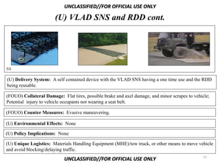 UNCLASSIFIED//FOR OFFICIAL USE ONLY

                       (U) VLAD SNS and RDD cont.




(U)


(U) Delivery System: A self contained device with the VLAD SNS having a one time use and the RDD
being reusable.

(FOUO) Collateral Damage: Flat tires, possible brake and axel damage, and minor scrapes to vehicle;
Potential injury to vehicle occupants not wearing a seat belt.

(FOUO) Counter Measures: Evasive maneuvering.

(U) Environmental Effects: None

(U) Policy Implications: None

(U) Unique Logistics: Materials Handling Equipment (MHE)/tow truck, or other means to move vehicle
and avoid blocking/delaying traffic.
                                                                                               77
                            UNCLASSIFIED//FOR OFFICIAL USE ONLY
 