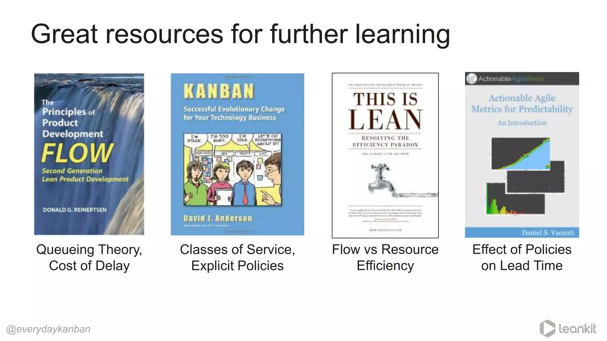 Great resources for further learning
@everydaykanban
Queueing Theory,
Cost of Delay
Classes of Service,
Explicit Policies
Flow vs Resource
Efficiency
Effect of Policies
on Lead Time
 