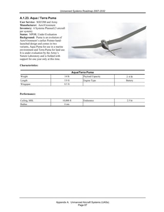 Unmanned Systems Roadmap 2007-2032
Appendix A. Unmanned Aircraft Systems (UASs)
Page 87
A.1.23. Aqua / Terra Puma
User Service: SOCOM and Army
Manufacturer: AeroVironment
Inventory: 6 Systems Planned (3 aircraft
per system)
Status: NPOR; Under Evaluation
Background: Puma is an evolution of
AeroVironment’s earlier Pointer hand-
launched design and comes in two
variants, Aqua Puma for use in a marine
environment and Terra Puma for land use.
It is under evaluation by the Army’s
Natick Laboratory and is fielded with
support for one year only at this time.
Characteristics:
Aqua/Terra Puma
Weight 14 lb Payload Capacity 2–4 lb
Length 5.9 ft Engine Type Battery
Wingspan 8.5 ft
Performance:
Ceiling, MSL 10,000 ft Endurance 2.5 hr
Radius 6 nm
 