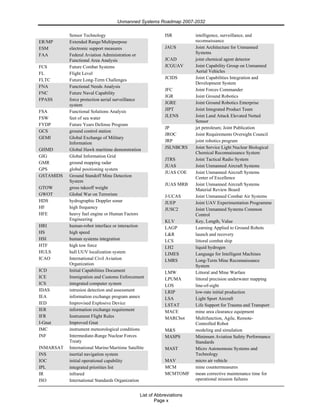 Unmanned Systems Roadmap 2007-2032
List of Abbreviations
Page x
Sensor Technology
ER/MP Extended Range/Multipurpose
ESM electronic support measures
FAA Federal Aviation Administration or
Functional Area Analysis
FCS Future Combat Systems
FL Flight Level
FLTC Future Long-Term Challenges
FNA Functional Needs Analysis
FNC Future Naval Capability
FPASS force protection aerial surveillance
system
FSA Functional Solutions Analysis
FSW feet of sea water
FYDP Future Years Defense Program
GCS ground control station
GEMI Global Exchange of Military
Information
GHMD Global Hawk maritime demonstration
GIG Global Information Grid
GMR ground mapping radar
GPS global positioning system
GSTAMIDS Ground Standoff Mine Detection
System
GTOW gross takeoff weight
GWOT Global War on Terrorism
HDS hydrographic Doppler sonar
HF high frequency
HFE heavy fuel engine or Human Factors
Engineering
HRI human-robot interface or interaction
HS high speed
HSI human systems integration
HTF high tow force
HULS hull UUV localization system
ICAO International Civil Aviation
Organization
ICD Initial Capabilities Document
ICE Immigration and Customs Enforcement
ICS integrated computer system
IDAS intrusion detection and assessment
IEA information exchange program annex
IED Improvised Explosive Device
IER information exchange requirement
IFR Instrument Flight Rules
I-Gnat Improved Gnat
IMC instrument meteorological conditions
INF Intermediate-Range Nuclear Forces
Treaty
INMARSAT International Marine/Maritime Satellite
INS inertial navigation system
IOC initial operational capability
IPL integrated priorities list
IR infrared
ISO International Standards Organization
ISR intelligence, surveillance, and
reconnaissance
JAUS Joint Architecture for Unmanned
Systems
JCAD joint chemical agent detector
JCGUAV Joint Capability Group on Unmanned
Aerial Vehicles
JCIDS Joint Capabilities Integration and
Development System
JFC Joint Forces Commander
JGR Joint Ground Robotics
JGRE Joint Ground Robotics Enterprise
JIPT Joint Integrated Product Team
JLENS Joint Land Attack Elevated Netted
Sensor
JP jet petroleum; Joint Publication
JROC Joint Requirements Oversight Council
JRP joint robotics program
JSLNBCRS Joint Service Light Nuclear Biological
Chemical Reconnaissance System
JTRS Joint Tactical Radio System
JUAS Joint Unmanned Aircraft Systems
JUAS COE Joint Unmanned Aircraft Systems
Center of Excellence
JUAS MRB Joint Unmanned Aircraft Systems
Material Review Board
J-UCAS Joint Unmanned Combat Air Systems
JUEP Joint UAV Experimentation Programme
JUSC2 Joint Unmanned Systems Common
Control
KLV Key, Length, Value
LAGP Learning Applied to Ground Robots
L&R launch and recovery
LCS littoral combat ship
LH2 liquid hydrogen
LIMES Language for Intelligent Machines
LMRS Long-Term Mine Reconnaissance
System
LMW Littoral and Mine Warfare
LPUMA littoral precision underwater mapping
LOS line-of-sight
LRIP low-rate initial production
LSA Light Sport Aircraft
LSTAT Life Support for Trauma and Transport
MACE mine area clearance equipment
MARCbot Multifunction, Agile, Remote-
Controlled Robot
M&S modeling and simulation
MASPS Minimum Aviation Safety Performance
Standards
MAST Micro Autonomous Systems and
Technology
MAV micro air vehicle
MCM mine countermeasures
MCMTOMF mean corrective maintenance time for
operational mission failures
 