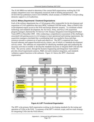 Unmanned Systems Roadmap 2007-2032
Appendix A. Unmanned Aircraft Systems (UASs)
Page 118
The JUAS MRB was tasked to determine if the current DoD organizations working the UAS
airspace integration issue were adequately resourced, both in funding and personnel. The
JUAS COE has published a Joint UAS CONOPS, which includes a CONOPS for UAS providing
domestic support to civil authorities.
A.3.5.3. Military Departments’ Chartered Organizations
Each of the military departments has a UAS program office responsible for the development and
acquisition of UAS capabilities that meet JROC-validated COCOM needs. Many of DoD UASs
in development require access to the NAS and foreign domestic airspace. To coordinate related
technology and standards development, the Air Force, Army, and Navy UAS acquisition
program managers chartered the Tri-Service UAS Airspace Integration Joint Integrated Product
Team (JIPT) in December 2005. After conducting a comprehensive assessment of the challenges
associated with gaining access to civil airspace to meet operational and training requirements, the
acquisition managers concluded that a coordinating body was needed to focus and align
resources towards a common set of goals and objectives. The JIPT is organized into issue-
focused subteams and support-focused activity centers, one of which is a standards development
activity center. The subteams are responsible for identifying standards gaps and conducting the
necessary activities to modify or develop the standards necessary to integrate DoD UAS into the
NAS. The activity centers, through the Systems Engineering and Integration Team (SEIT)
provide critical requirements analysis, M&S, test and evaluation integration, and standards
validation support functions to the subteams. Figure A.5 shows the JIPT’s functional
organization.
Figure A.5 JIPT Functional Organization
The JIPT is the primary DoD organization working on developing standards for the testing and
operation of UASs in the NAS. A summary of the JIPT’s mission, scope, and two-track strategy
for integrating UASs into the NAS follows.
JIPT
Collision
Avoidance
Subteam
Airworthiness
Subteam
Operations &
Procedures
Subteam
Control &
Communications
Subteam
Systems
Engineering &
Integration
Requirements
Analysis
Modeling &
Simulation
Test &
Evaluation
Specialty
Engineering
Standards
Development
ActivityCenters
 