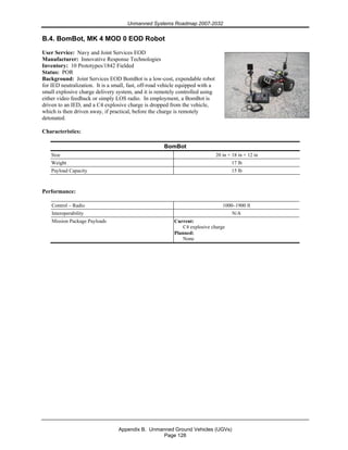 Unmanned Systems Roadmap 2007-2032
Appendix B. Unmanned Ground Vehicles (UGVs)
Page 128
B.4. BomBot, MK 4 MOD 0 EOD Robot
User Service: Navy and Joint Services EOD
Manufacturer: Innovative Response Technologies
Inventory: 10 Prototypes/1842 Fielded
Status: POR
Background: Joint Services EOD BomBot is a low-cost, expendable robot
for IED neutralization. It is a small, fast, off-road vehicle equipped with a
small explosive charge delivery system, and it is remotely controlled using
either video feedback or simply LOS radio. In employment, a BomBot is
driven to an IED, and a C4 explosive charge is dropped from the vehicle,
which is then driven away, if practical, before the charge is remotely
detonated.
Characteristics:
BomBot
Size 20 in × 18 in × 12 in
Weight 17 lb
Payload Capacity 15 lb
Performance:
Control – Radio 1000–1900 ft
Interoperability N/A
Mission Package Payloads Current:
C4 explosive charge
Planned:
None
 