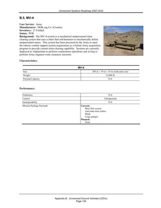 Unmanned Systems Roadmap 2007-2032
Appendix B. Unmanned Ground Vehicles (UGVs)
Page 129
B.5. MV-4
User Service: Army
Manufacturer: DOK-ing Co. (Croatia)
Inventory: 21 Fielded
Status: POR
Background: The MV-4 system is a mechanical antipersonnel mine
clearing system that uses a chain flail and hammers to mechanically defeat
antipersonnel mines. This system has been procured by the Army to meet
the robotic combat support system requirement as a formal Army acquisition
program to provide current mine-clearing capability. Systems are currently
deployed in Afghanistan to perform countermine operations and in Iraq to
perform Army engineer route clearance missions.
Characteristics:
MV-4
Size 209 in × 79 in × 55 in (with arms out)
Weight 12,600 lb
Payload Capacity N/A
Performance:
Endurance N/A
Control Teleoperated
Interoperability N/A
Mission Package Payloads Current:
Mini-flail system
Anti-tank mine rollers
Blade
Large gripper
Planned:
None
 