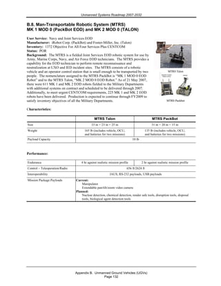 Unmanned Systems Roadmap 2007-2032
Appendix B. Unmanned Ground Vehicles (UGVs)
Page 132
B.8. Man-Transportable Robotic System (MTRS)
MK 1 MOD 0 (PackBot EOD) and MK 2 MOD 0 (TALON)
User Service: Navy and Joint Services EOD
Manufacturer: iRobot Corp. (PackBot) and Foster-Miller, Inc. (Talon)
Inventory: 1372 Objective For All Four Services Plus CENTCOM
Status: POR
Background: The MTRS is a fielded Joint Services EOD robotic system for use by
Army, Marine Corps, Navy, and Air Force EOD technicians. The MTRS provides a
capability for the EOD technician to perform remote reconnaissance and
neutralization at UXO and IED incident sites. The MTRS consists of a robotic
vehicle and an operator control station that is small enough to be transported by two
people. The nomenclature assigned to the MTRS PackBot is “MK 1 MOD 0 EOD
Robot” and to the MTRS Talon, “MK 2 MOD 0 EOD Robot.” As of 21 May 2007,
there were 611 MK 1 and MK 2 EOD robots fielded to the Military Departments
with additional systems on contract and scheduled to be delivered through 2007.
Additionally, to meet urgent CENTCOM requirements, 225 MK 1 and MK 2 EOD
robots have been delivered. Production is expected to continue through FY2009 to
satisfy inventory objectives of all the Military Departments.
Characteristics:
MTRS Talon MTRS PackBot
Size 33 in × 23 in × 25 in 31 in × 20 in × 15 in
Weight 165 lb (includes vehicle, OCU,
and batteries for two missions)
135 lb (includes vehicle, OCU,
and batteries for two missions)
Payload Capacity 10 lb
Performance:
Endurance 4 hr against realistic mission profile 2 hr against realistic mission profile
Control – Teleoperation/Radio 656 ft/2624 ft
Interoperability JAUS, RS-232 payloads, USB payloads
Mission Package Payloads Current:
Manipulator
Extendable pan/tilt/zoom video camera
Planned:
Nuclear detection, chemical detection, render safe tools, disruption tools, disposal
tools, biological agent detection tools
MTRS Talon
MTRS Packbot
MTRS Talon
MTRS Packbot
 