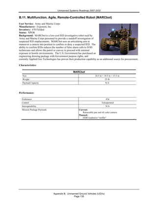 Unmanned Systems Roadmap 2007-2032
Appendix B. Unmanned Ground Vehicles (UGVs)
Page 135
B.11. Multifunction, Agile, Remote-Controlled Robot (MARCbot)
User Service: Army and Marine Corps
Manufacturer: Exponent, Inc.
Inventory: 670 Fielded
Status: NPOR
Background: MARCbot is a low-cost IED investigative robot used by
Army and Marine Corps personnel to provide a standoff investigation of
suspected IED emplacements. MARCbot uses an articulating arm to
maneuver a camera into position to confirm or deny a suspected IED. The
ability to confirm IEDs reduces the number of false alarm calls to EOD
technicians and allows the patrol or convoy to proceed with minimal
exposure to hostile environments. The U.S. Government has purchased an
engineering drawing package with Government purpose rights, and
currently Applied Geo Technologies has proven their production capability as an additional source for procurement.
Characteristics:
MARCbot
Size 24.5 in × 18.5 in × 13.5 in
Weight 25 lb
Payload Capacity N/A
Performance:
Endurance 4 hr
Control Teleoperated
Interoperability N/A
Mission Package Payloads Current:
Retractable pan and tilt color camera
Planned:
FIDO explosive “sniffer”
 