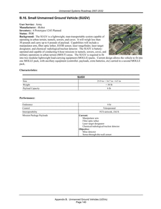 Unmanned Systems Roadmap 2007-2032
Appendix B. Unmanned Ground Vehicles (UGVs)
Page 140
B.16. Small Unmanned Ground Vehicle (SUGV)
User Service: Army
Manufacturer: iRobot
Inventory: 6 Prototypes/1245 Planned
Status: POR
Background: The SUGV is a lightweight, man-transportable system capable of
operating in urban terrain, tunnels, sewers, and caves. It will weigh less than
30 pounds and carry up to 6 pounds of payload. Capabilities will include a
manipulator arm, fiber optic tether, EO/IR sensor, laser rangefinder, laser target
designator, and chemical/ radiological/nuclear detector. The SUGV is battery-
operated and capable of conducting 6-hour missions in tunnels, sewers, caves, and
military operations in urban terrain (MOUT) areas. The SUGV is required to fit
into two modular lightweight load-carrying equipment (MOLLE) packs. Current design allows the vehicle to fit into
one MOLLE pack, with ancillary equipment (controller, payloads, extra batteries, etc) carried in a second MOLLE
pack.
Characteristics:
SUGV
Size 23.9 in × 16.7 in × 6.5 in
Weight < 30 lb
Payload Capacity 6 lb
Performance:
Endurance 6 hr
Control Teleoperated
Interoperability FCS network, JAUS
Mission Package Payloads Current:
Manipulator arm
Fiber optic tether
Laser target designator
Chemical/radiological/nuclear detector
Objective:
Mine detector
Sense-through-the-wall sensor
 