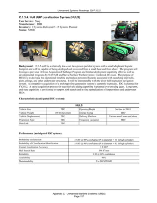 Unmanned Systems Roadmap 2007-2032
Appendix C. Unmanned Maritime Systems (UMSs)
Page 157
C.1.3.4. Hull UUV Localization System (HULS)
User Service: Navy
Manufacturer: TBD
Inventory: 0 Systems Delivered/7–15 Systems Planned
Status: NPOR
Background: HULS will be a relatively low-cost, two-person portable system with a small shipboard logistic
footprint and will be capable of being deployed and recovered from a small boat and from shore. The program will
leverage a previous Defense Acquisition Challenge Program and limited-deployment capability effort as well as
developmental programs by NAVAIR and Naval Surface Warfare Center, Carderock Division. The purpose of
HULS is to decrease the operational timeline and reduce personnel hazards associated with searching ship hulls,
piers, pilings, and other underwater structures. It will be interoperable with the diver hull inspection navigation
system. A competitive acquisition of a prototype first-generation system is currently in process. IOC is planned for
FY2012. A spiral acquisition process for successively adding capability is planned over ensuing years. Long-term,
end-state capability is envisioned to support both search and in-situ neutralization of limpet mines and underwater
IEDs.
Characteristics (anticipated IOC system):
HULS
Vehicle Size TBD Operating Depth Surface to 200 ft
Vehicle Weight 100 lb maximum Energy Source TBD
Vehicle Displacement TBD Delivery Platform Various small boats and shore
Propulsion Type TBD Frequency (acoustic) TBD
Data Link TBD
Performance (anticipated IOC system):
Probability of Detection ≥ 0.85 @ 80% confidence (9 in diameter × 4.5 in high cylinder)
Probability of Classification/Identification ≥ 0.85 @ 80% confidence (9 in diameter × 4.5 in high cylinder)
Contact Localization Accuracy 3 ft SEP
Hull Search Rate 398 ft2
/min
Reliability 0.90 @ 80% confidence
Availability 90%
Maintainability 5 hr MCMTOMF
 