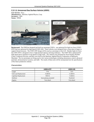 Unmanned Systems Roadmap 2007-2032
Appendix C. Unmanned Maritime Systems (UMSs)
Page 160
C.2.1.2. Unmanned Sea Surface Vehicle (USSV)
User Service: Navy
Manufacturer: Maritime Applied Physics, Corp.
Inventory: TBD
Status: NPOR
Background: The ONR has designed and built two prototype USSVs: one optimized for high tow force (USSV-
HTF) and one optimized for high speed (USSV-HS). These vehicles were designed from a clean sheet of paper to
support littoral missions. The USSV-HTF design will be used as a prototype on the LCS. Besides high tow force,
the USSV-HTF is designed to have a high payload capacity and long endurance. The USSV-HS is optimized for
high speed and to maintain its top speed in rough water. The vehicles were designed by Naval Surface Warfare
Center, Carderock Division, and they were built by the Maritime Applied Physics Corporation of Baltimore,
Maryland. The two prototypes are being used to test various technologies including autonomous control, advanced
payloads, advanced power systems, and L&R. The results of these tests will be incorporated into the specifications
of the future production vehicles.
Characteristics:
USSV-HTF USSV-HS
Length 39 ft 36 ft
Full-Load Displacement 18,000 lb 21,000 lb
Lightship Displacement 9050 lb 15,000 lb
Hullform Semi-planing monohull Hydrofoil
Engines Twin diesel Twin diesel
USSV-HS USSV-HTF
 