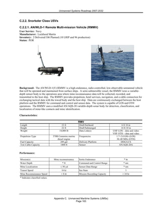Unmanned Systems Roadmap 2007-2032
Appendix C. Unmanned Maritime Systems (UMSs)
Page 163
C.2.2. Snorkeler Class USVs
C.2.2.1. AN/WLD-1 Remote Multi-mission Vehicle (RMMV)
User Service: Navy
Manufacturer: Lockheed Martin
Inventory: 2 Delivered/106 Planned (10 LRIP and 96 production)
Status: POR
Background: The AN/WLD-1(V) RMMV is a high-endurance, radio-controlled, low-observable unmanned vehicle
that will be operated and maintained from surface ships. A semi-submersible vessel, the RMMV tows a variable-
depth sensor body to the operations area where mine reconnaissance data will be collected, recorded, and
transmitted to the host ship. The RMMV provides propulsion, hotel services, navigation, and a cable connection for
exchanging tactical data with the towed body and the host ship. Data are continuously exchanged between the host
platform and the RMMV for command and control and sensor data. The system is capable of LOS and OTH
operations. The RMMV uses a modified AN/AQS-20 variable-depth sonar body for detection, classification, and
localization of mine-like contacts and mine identification.
Characteristics:
RMV
Length 23 ft Draft/Surfaced 6 ft 10 in
Height 22 ft Draft/Submerged 14 ft 10 in
Weight 14,000 lb Data Link(s) UHF LOS – data and video
VHF OTH – data and video
Propulsion Type 370B Cummins marine
diesel engine
Frequencies 1.7–2.0 GHz (LOS)
30–40 MHz (OTH)
Fuel Capacity 289 gal Delivery Platform DDG/LCS
Tow Cable Capacity 1800 ft Sensor AN/AQS-20A
Performance:
Mission(s) Mine reconnaissance Sortie Endurance * hr
Water Depth * ft Command and Control Range * nm
Mine Localization ≤ 50 yd Sensor Data Range * nm
Transit Speed 16 kt Sea State 3
Mine Reconnaissance Speed ≥ 8 kt Mission Recording Capacity ≥ 24 hr
* Indicates classified values.
 