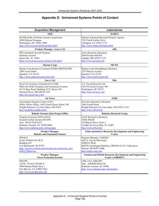 Unmanned Systems Roadmap 2007-2032
Appendix D. Unmanned Systems Points of Contact
Page 166
Appendix D. Unmanned Systems Points of Contact
Acquisition Management Laboratories
OSD DARPA
OUSD(AT&L) Portfolio Systems Acquisition
3090 Defense Pentagon
Washington, DC 20301-3090
http://www.acq.osd.mil/ds/sa/index.html
Defense Advanced Research Projects Agency
3701 North Fairfax Drive
Arlington, VA 22203-1714
http ://www.darpa.mil/index.html
Product Manager, Army UAS ARL
PM Unmanned Aircraft Systems
Redstone Arsenal
Huntsville, AL 35801
https://www.peoavn.army.mil/pm/UAS.shtml
Army Research Laboratory
2800 Powder Mill Rd
Adelphi, MD 20783-1197
http://www.arl.army.mil
Marine Corps MCWL
Marine Corp Systems Command (MARCORSYSCOM)
2200 Lester Street
Quantico, VA 22134
http ://www.marcorsyscom.usmc.mil/
Marine Corps Warfighting Laboratory
3255 Meyers Avenue
Quantico, VA 22134
http ://www.mcwl.usmc.mil/
Navy UAS NRL
Naval Air Systems Command (NAVAIR)
PMA-263 Strike Weapons and Unmanned Aviation
47123 Buse Road; Building 2272, Room 254
Patuxent River, MD 20670-1547
http://uav.navair.navy.mil/
U.S. Naval Research Lab
4555 Overlook Avenue, SW
Washington, DC 20375
http://www.nrl.navy.mil/
Air Force AFRL
Aeronautical Systems Center (ASC)
Public Affairs Office, 1865 Fourth Street, Room 240
Wright-Patterson Air Force Base, OH 45433
http://ascpublic.wpafb.af.mil/
Air Force Research Laboratory
1864 Fourth Street
Wright-Patterson Air Force Base, OH 45433-7132
http://www.afrl.af.mil/
Robotic Systems Joint Project Office Robotics Research Group
Program Executive Office (PEO)
Ground Combat Systems RS JPO
Attn: SFAE-GCS-UGV
Redstone Arsenal, AL 35898-8060
http://www.redstone.army.mil/ugvsjpo/
USAF Research Laboratory
AFRL/MLQF
139 Barnes Drive, Suite 2
Tyndall Air Force Base, FL 32403
http://www.afrl.af.mil
Product Manager,
Robotic and Unmanned Sensors
Tank-Automotive Research, Development and Engineering
Center
PM-RUS
SFAE-IEW&S-NV-RUS
Building 423
Fort Monmouth, NJ 07703
https://peoiewswebinfo.monmouth.army.mil/portal_sites/
IEWS_Public/rus/
Program Manager, TARDEC
6501 E. Eleven Mile Road
AMSTA-TR-R
MS#263 (Intelligent Mobility); MS#264 (CAT; Vehtronics)
Warren, MI 48397-5000
http://tardec.army.mil
Product Manager,
Force Protection Systems
Aviation and Missile Research, Development and Engineering
Center (AMRDEC)
PM-FPS
ATTN: SFAE-CSS-ME-P
5900 Putman Road, Suite 1
Fort Belvoir, VA 22060-5420
http ://www.pm-fps.army.mil
CDR, USA AMCOM
Attn: AMSOM-OSA-UG
Redstone Arsenal, AL 35898
http://www.redstone.army.mil/amrdec/
 