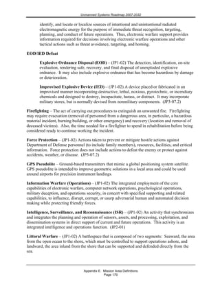 Unmanned Systems Roadmap 2007-2032
Appendix E. Mission Area Definitions
Page 170
identify, and locate or localize sources of intentional and unintentional radiated
electromagnetic energy for the purpose of immediate threat recognition, targeting,
planning, and conduct of future operations. Thus, electronic warfare support provides
information required for decisions involving electronic warfare operations and other
tactical actions such as threat avoidance, targeting, and homing.
EOD/IED Defeat
Explosive Ordnance Disposal (EOD) – (JP1-02) The detection, identification, on-site
evaluation, rendering safe, recovery, and final disposal of unexploded explosive
ordnance. It may also include explosive ordnance that has become hazardous by damage
or deterioration.
Improvised Explosive Device (IED) – (JP1-02) A device placed or fabricated in an
improvised manner incorporating destructive, lethal, noxious, pyrotechnic, or incendiary
chemicals and designed to destroy, incapacitate, harass, or distract. It may incorporate
military stores, but is normally devised from nonmilitary components. (JP3-07.2)
Firefighting – The act of carrying out procedures to extinguish an unwanted fire. Firefighting
may require evacuation (removal of personnel from a dangerous area, in particular, a hazardous
material incident, burning building, or other emergency) and recovery (location and removal of
deceased victims). Also, the time needed for a firefighter to spend in rehabilitation before being
considered ready to continue working the incident.
Force Protection – (JP1-02) Actions taken to prevent or mitigate hostile actions against
Department of Defense personnel (to include family members), resources, facilities, and critical
information. Force protection does not include actions to defeat the enemy or protect against
accidents, weather, or disease. (JP3-07.2)
GPS Pseudolite – Ground-based transmitters that mimic a global positioning system satellite.
GPS pseudolite is intended to improve geometric solutions in a local area and could be used
around airports for precision instrument landings.
Information Warfare (Operations) – (JP1-02) The integrated employment of the core
capabilities of electronic warfare, computer network operations, psychological operations,
military deception, and operations security, in concert with specified supporting and related
capabilities, to influence, disrupt, corrupt, or usurp adversarial human and automated decision
making while protecting friendly forces.
Intelligence, Surveillance, and Reconnaissance (ISR) – (JP1-02) An activity that synchronizes
and integrates the planning and operation of sensors, assets, and processing, exploitation, and
dissemination systems in direct support of current and future operations. This activity is an
integrated intelligence and operations function. (JP2-01)
Littoral Warfare – (JP1-02) A battlespace that is composed of two segments: Seaward, the area
from the open ocean to the shore, which must be controlled to support operations ashore, and
landward, the area inland from the shore that can be supported and defended directly from the
sea.
 