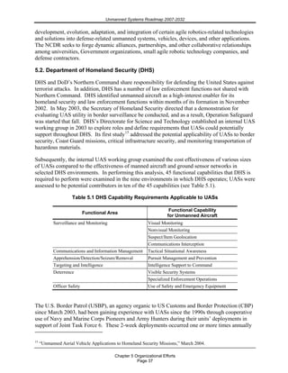 Unmanned Systems Roadmap 2007-2032
Chapter 5 Organizational Efforts
Page 37
development, evolution, adaptation, and integration of certain agile robotics-related technologies
and solutions into defense-related unmanned systems, vehicles, devices, and other applications.
The NCDR seeks to forge dynamic alliances, partnerships, and other collaborative relationships
among universities, Government organizations, small agile robotic technology companies, and
defense contractors.
5.2. Department of Homeland Security (DHS)
DHS and DoD’s Northern Command share responsibility for defending the United States against
terrorist attacks. In addition, DHS has a number of law enforcement functions not shared with
Northern Command. DHS identified unmanned aircraft as a high-interest enabler for its
homeland security and law enforcement functions within months of its formation in November
2002. In May 2003, the Secretary of Homeland Security directed that a demonstration for
evaluating UAS utility in border surveillance be conducted, and as a result, Operation Safeguard
was started that fall. DHS’s Directorate for Science and Technology established an internal UAS
working group in 2003 to explore roles and define requirements that UASs could potentially
support throughout DHS. Its first study15
addressed the potential applicability of UASs to border
security, Coast Guard missions, critical infrastructure security, and monitoring transportation of
hazardous materials.
Subsequently, the internal UAS working group examined the cost effectiveness of various sizes
of UASs compared to the effectiveness of manned aircraft and ground sensor networks in
selected DHS environments. In performing this analysis, 45 functional capabilities that DHS is
required to perform were examined in the nine environments in which DHS operates; UASs were
assessed to be potential contributors in ten of the 45 capabilities (see Table 5.1).
Table 5.1 DHS Capability Requirements Applicable to UASs
Functional Area
Functional Capability
for Unmanned Aircraft
Visual Monitoring
Nonvisual Monitoring
Suspect/Item Geolocation
Surveillance and Monitoring
Communications Interception
Communications and Information Management Tactical Situational Awareness
Apprehension/Detection/Seizure/Removal Pursuit Management and Prevention
Targeting and Intelligence Intelligence Support to Command
Visible Security SystemsDeterrence
Specialized Enforcement Operations
Officer Safety Use of Safety and Emergency Equipment
The U.S. Border Patrol (USBP), an agency organic to US Customs and Border Protection (CBP)
since March 2003, had been gaining experience with UASs since the 1990s through cooperative
use of Navy and Marine Corps Pioneers and Army Hunters during their units’ deployments in
support of Joint Task Force 6. These 2-week deployments occurred one or more times annually
15
“Unmanned Aerial Vehicle Applications to Homeland Security Missions,” March 2004.
 