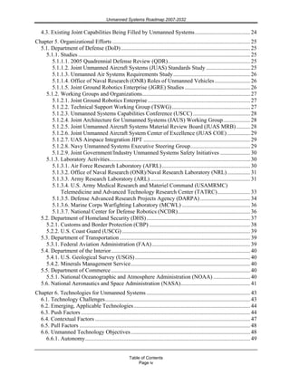 Unmanned Systems Roadmap 2007-2032
Table of Contents
Page iv
4.3. Existing Joint Capabilities Being Filled by Unmanned Systems.......................................24
Chapter 5. Organizational Efforts .................................................................................................25
5.1. Department of Defense (DoD)...........................................................................................25
5.1.1. Studies.........................................................................................................................25
5.1.1.1. 2005 Quadrennial Defense Review (QDR)..........................................................25
5.1.1.2. Joint Unmanned Aircraft Systems (JUAS) Standards Study ...............................25
5.1.1.3. Unmanned Air Systems Requirements Study......................................................26
5.1.1.4. Office of Naval Research (ONR) Roles of Unmanned Vehicles.........................26
5.1.1.5. Joint Ground Robotics Enterprise (JGRE) Studies ..............................................26
5.1.2. Working Groups and Organizations............................................................................27
5.1.2.1. Joint Ground Robotics Enterprise ........................................................................27
5.1.2.2. Technical Support Working Group (TSWG).......................................................27
5.1.2.3. Unmanned Systems Capabilities Conference (USCC) ........................................28
5.1.2.4. Joint Architecture for Unmanned Systems (JAUS) Working Group...................28
5.1.2.5. Joint Unmanned Aircraft Systems Material Review Board (JUAS MRB)..........28
5.1.2.6. Joint Unmanned Aircraft System Center of Excellence (JUAS COE) ................29
5.1.2.7. UAS Airspace Integration JIPT ...........................................................................29
5.1.2.8. Navy Unmanned Systems Executive Steering Group..........................................29
5.1.2.9. Joint Government/Industry Unmanned Systems Safety Initiatives .....................30
5.1.3. Laboratory Activities...................................................................................................30
5.1.3.1. Air Force Research Laboratory (AFRL)..............................................................30
5.1.3.2. Office of Naval Research (ONR)/Naval Research Laboratory (NRL) ................31
5.1.3.3. Army Research Laboratory (ARL) ......................................................................31
5.1.3.4. U.S. Army Medical Research and Materiel Command (USAMRMC)
Telemedicine and Advanced Technology Research Center (TATRC).......................33
5.1.3.5. Defense Advanced Research Projects Agency (DARPA) ...................................34
5.1.3.6. Marine Corps Warfighting Laboratory (MCWL) ................................................36
5.1.3.7. National Center for Defense Robotics (NCDR)...................................................36
5.2. Department of Homeland Security (DHS).........................................................................37
5.2.1. Customs and Border Protection (CBP) .......................................................................38
5.2.2. U.S. Coast Guard (USCG) ..........................................................................................39
5.3. Department of Transportation............................................................................................39
5.3.1. Federal Aviation Administration (FAA).....................................................................39
5.4. Department of the Interior..................................................................................................40
5.4.1. U.S. Geological Survey (USGS).................................................................................40
5.4.2. Minerals Management Service....................................................................................40
5.5. Department of Commerce..................................................................................................40
5.5.1. National Oceanographic and Atmosphere Administration (NOAA) ..........................40
5.6. National Aeronautics and Space Administration (NASA).................................................41
Chapter 6. Technologies for Unmanned Systems.........................................................................43
6.1. Technology Challenges......................................................................................................43
6.2. Emerging, Applicable Technologies..................................................................................44
6.3. Push Factors .......................................................................................................................44
6.4. Contextual Factors .............................................................................................................47
6.5. Pull Factors ........................................................................................................................48
6.6. Unmanned Technology Objectives....................................................................................48
6.6.1. Autonomy....................................................................................................................49
 