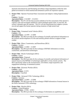 Unmanned Systems Roadmap 2007-2032
Chapter 7 International Cooperation
Page 58
electronic disconnectivity and fluctuating surveillance image degradation within the same
global environment in which manned and unmanned systems are required to operate.
6. Project Title: Operator Functional State Assessment and Adaptive Aiding Implementation
(PA)
Country: Sweden
Agreement Dates: 2/16/2007 – 2/16/2011
Description: This PA will develop accurate methods of on-line assessment of the operator’s
cognitive state and investigate methods by which intelligent agents tailor, in real time, the
system’s demands upon the operator. This PA will also demonstrate how adaptive systems
can aid and support the human operator during situations of high mental load.
7.2.3. Army
1. Project Title: Unmanned Aerial Vehicles (DEA)
Country: UK
Agreement Dates: 12/1999 – 11/2009
Description: This DEA provides for the exchange of scientific and technical information on
the research and development of UASs and remotely piloted vehicles in support of land
combat.
2. Project Title: Mines, Countermine, and Demolitions (DEA)
Country: Sweden
Agreement Dates: 11/2002 – 11/2007
Description: This DEA provides for the exchange of RDT&E information on mines,
countermine, and demolition technologies.
3. Project Title: Missile Technologies (DEA)
Country: France
Agreement Dates: Proposed
Description: This DEA provides for the exchange of scientific and technical information of
mutual interest on the RDT&E of technologies applicable to Army missile systems. The
DEA specifically relates to the reconnaissance, surveillance, target acquisition, and
engagement technology of unmanned systems.
4. Project Title: Electronic Warfare (DEA)
Country: Israel
Agreement Dates: 8/1972
Description: Classified
5. Project Title: Advanced VTOL Technology (DEA)
Country: Germany
Agreement Dates: 12/2003 – 12/2008
Description: This DEA provides for the exchange of R&D information of mutual interest in
the field of advanced VTOL technology.
6. Project Title: Missiles (DEA)
Country: United Kingdom
Agreement Dates: 2/1996 – 6/2011
Description: This DEA provides for the exchange of information on capabilities and
 