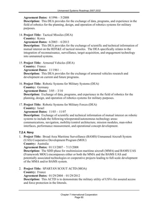 Unmanned Systems Roadmap 2007-2032
Chapter 7 International Cooperation
Page 60
Agreement Dates: 4/1996 – 5/2008
Description: This DEA provides for the exchange of data, programs, and experience in the
field of robotics for the planning, design, and operation of robotics systems for military
purposes.
14. Project Title: Tactical Missiles (DEA)
Country: Korea
Agreement Dates: 6/2003 – 6/2013
Description: This DEA provides for the exchange of scientific and technical information of
mutual interest on the RDT&E of tactical missiles. The DEA specifically relates to the
integration of reconnaissance, surveillance, target acquisition, and engagement technology
into unmanned systems.
15. Project Title: Armored Vehicles (DEA)
Country: France
Agreement Dates: 11/1961 –
Description: This DEA provides for the exchange of armored vehicles research and
development on current and future programs.
16. Project Title: Robotic Systems for Military Systems (DEA)
Country: Germany
Agreement Dates: 3/05 – 3/10
Description: Exchange of data, programs, and experience in the field of robotics for the
planning, design, and operation of robotics systems for military purposes.
17. Project Title: Robotic Systems for Military Forces (DEA)
Country: Israel
Agreement Dates: 11/03 – 11/07
Description: Exchange of scientific and technical information of mutual interest on robotic
systems to include the following teleoperated/autonomous technology areas:
communications, navigation, mobility/control architecture, mission modules, man-robot
interfaces, performance measurement, and operational concept development.
7.2.4. Navy
1. Project Title: Broad Area Maritime Surveillance (BAMS) Unmanned Aircraft System
(UAS) Cooperative Development Program (MOU)
Country: Australia
Agreement Dates: 01/13/2007 – 7/13/2008
Description: The SDD phase for multimission maritime aircraft (MMA) and BAMS UAS
(Framework MOU) encompasses either or both the MMA and the BAMS UAS and
potentially associated technologies or cooperative projects leading to full-scale development
of the MMA and/or BAMS system.
2. Project Title: SPARTAN SCOUT ACTD (MOA)
Country: France
Agreement Dates: 01/29/2004 – 01/29/2012
Description: This ACTD is to demonstrate the military utility of USVs for assured access
and force protection in the littorals.
 