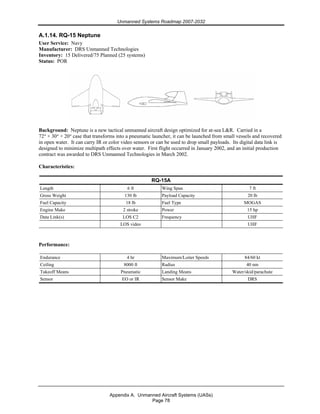 Unmanned Systems Roadmap 2007-2032
Appendix A. Unmanned Aircraft Systems (UASs)
Page 78
A.1.14. RQ-15 Neptune
User Service: Navy
Manufacturer: DRS Unmanned Technologies
Inventory: 15 Delivered/75 Planned (25 systems)
Status: POR
Background: Neptune is a new tactical unmanned aircraft design optimized for at-sea L&R. Carried in a
72″ × 30″ × 20″ case that transforms into a pneumatic launcher, it can be launched from small vessels and recovered
in open water. It can carry IR or color video sensors or can be used to drop small payloads. Its digital data link is
designed to minimize multipath effects over water. First flight occurred in January 2002, and an initial production
contract was awarded to DRS Unmanned Technologies in March 2002.
Characteristics:
RQ-15A
Length 6 ft Wing Span 7 ft
Gross Weight 130 lb Payload Capacity 20 lb
Fuel Capacity 18 lb Fuel Type MOGAS
Engine Make 2 stroke Power 15 hp
Data Link(s) LOS C2 Frequency UHF
LOS video UHF
Performance:
Endurance 4 hr Maximum/Loiter Speeds 84/60 kt
Ceiling 8000 ft Radius 40 nm
Takeoff Means Pneumatic Landing Means Water/skid/parachute
Sensor EO or IR Sensor Make DRS
 