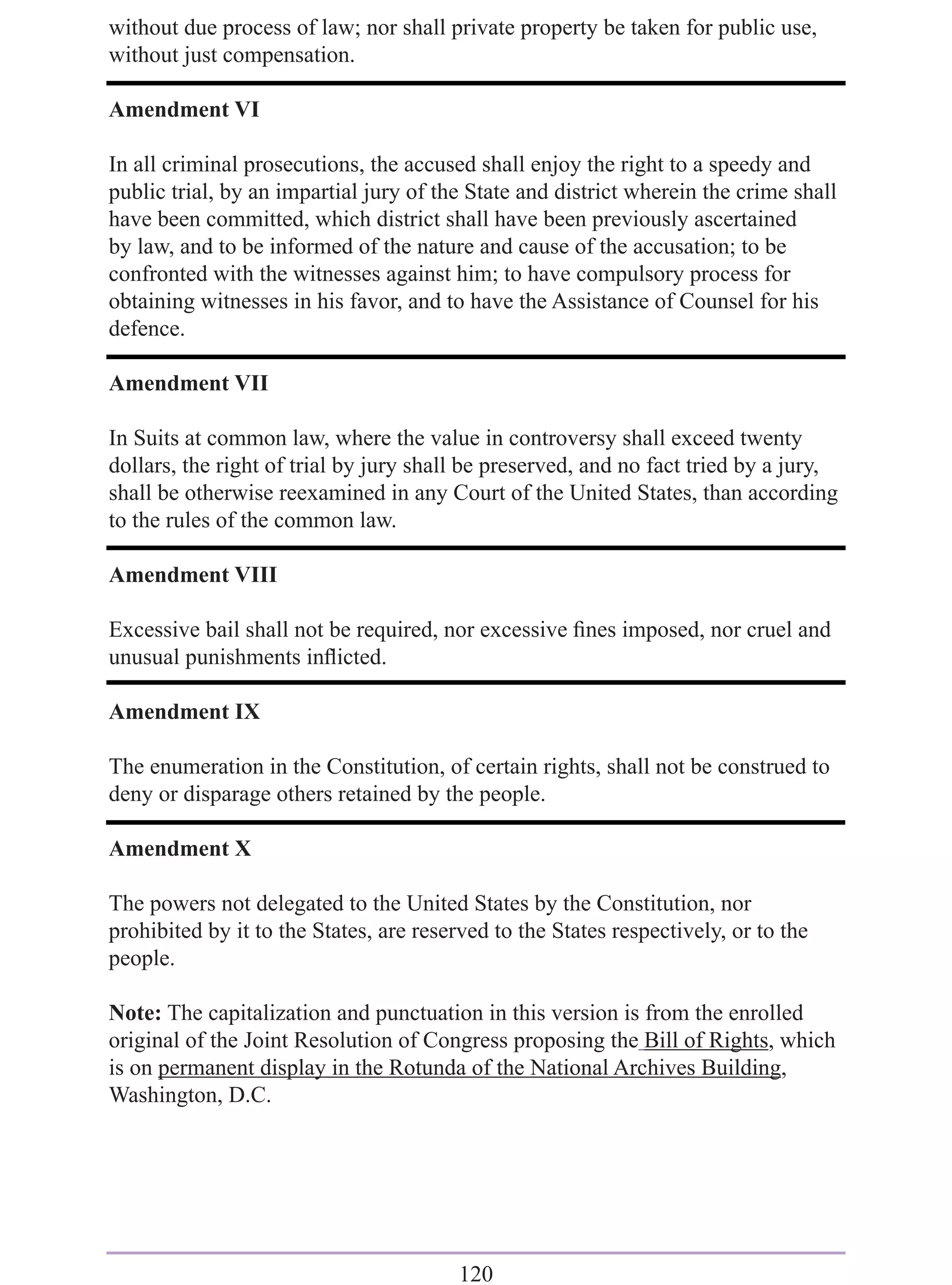 without due process of law; nor shall private property be taken for public use,
without just compensation.

Amendment VI

In all criminal prosecutions, the accused shall enjoy the right to a speedy and
public trial, by an impartial jury of the State and district wherein the crime shall
have been committed, which district shall have been previously ascertained
by law, and to be informed of the nature and cause of the accusation; to be
confronted with the witnesses against him; to have compulsory process for
obtaining witnesses in his favor, and to have the Assistance of Counsel for his
defence.

Amendment VII

In Suits at common law, where the value in controversy shall exceed twenty
dollars, the right of trial by jury shall be preserved, and no fact tried by a jury,
shall be otherwise reexamined in any Court of the United States, than according
to the rules of the common law.

Amendment VIII

Excessive bail shall not be required, nor excessive ﬁnes imposed, nor cruel and
unusual punishments inﬂicted.

Amendment IX

The enumeration in the Constitution, of certain rights, shall not be construed to
deny or disparage others retained by the people.

Amendment X

The powers not delegated to the United States by the Constitution, nor
prohibited by it to the States, are reserved to the States respectively, or to the
people.

Note: The capitalization and punctuation in this version is from the enrolled
original of the Joint Resolution of Congress proposing the Bill of Rights, which
is on permanent display in the Rotunda of the National Archives Building,
Washington, D.C.




                                         120
 