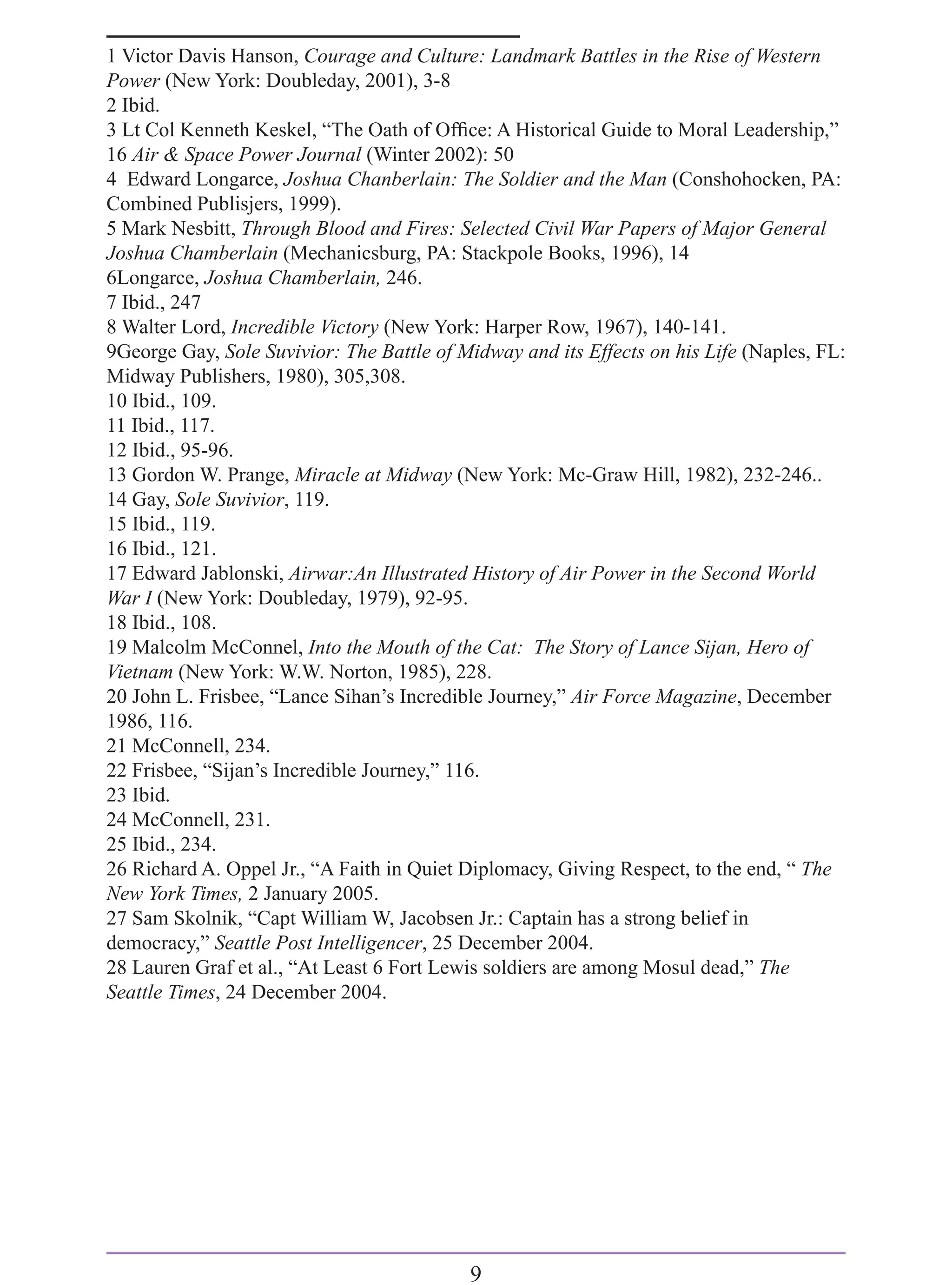 1 Victor Davis Hanson, Courage and Culture: Landmark Battles in the Rise of Western
Power (New York: Doubleday, 2001), 3-8
2 Ibid.
3 Lt Col Kenneth Keskel, “The Oath of Ofﬁce: A Historical Guide to Moral Leadership,”
16 Air & Space Power Journal (Winter 2002): 50
4 Edward Longarce, Joshua Chanberlain: The Soldier and the Man (Conshohocken, PA:
Combined Publisjers, 1999).
5 Mark Nesbitt, Through Blood and Fires: Selected Civil War Papers of Major General
Joshua Chamberlain (Mechanicsburg, PA: Stackpole Books, 1996), 14
6Longarce, Joshua Chamberlain, 246.
7 Ibid., 247
8 Walter Lord, Incredible Victory (New York: Harper Row, 1967), 140-141.
9George Gay, Sole Suvivior: The Battle of Midway and its Effects on his Life (Naples, FL:
Midway Publishers, 1980), 305,308.
10 Ibid., 109.
11 Ibid., 117.
12 Ibid., 95-96.
13 Gordon W. Prange, Miracle at Midway (New York: Mc-Graw Hill, 1982), 232-246..
14 Gay, Sole Suvivior, 119.
15 Ibid., 119.
16 Ibid., 121.
17 Edward Jablonski, Airwar:An Illustrated History of Air Power in the Second World
War I (New York: Doubleday, 1979), 92-95.
18 Ibid., 108.
19 Malcolm McConnel, Into the Mouth of the Cat: The Story of Lance Sijan, Hero of
Vietnam (New York: W.W. Norton, 1985), 228.
20 John L. Frisbee, “Lance Sihan’s Incredible Journey,” Air Force Magazine, December
1986, 116.
21 McConnell, 234.
22 Frisbee, “Sijan’s Incredible Journey,” 116.
23 Ibid.
24 McConnell, 231.
25 Ibid., 234.
26 Richard A. Oppel Jr., “A Faith in Quiet Diplomacy, Giving Respect, to the end, “ The
New York Times, 2 January 2005.
27 Sam Skolnik, “Capt William W, Jacobsen Jr.: Captain has a strong belief in
democracy,” Seattle Post Intelligencer, 25 December 2004.
28 Lauren Graf et al., “At Least 6 Fort Lewis soldiers are among Mosul dead,” The
Seattle Times, 24 December 2004.




                                           9
 