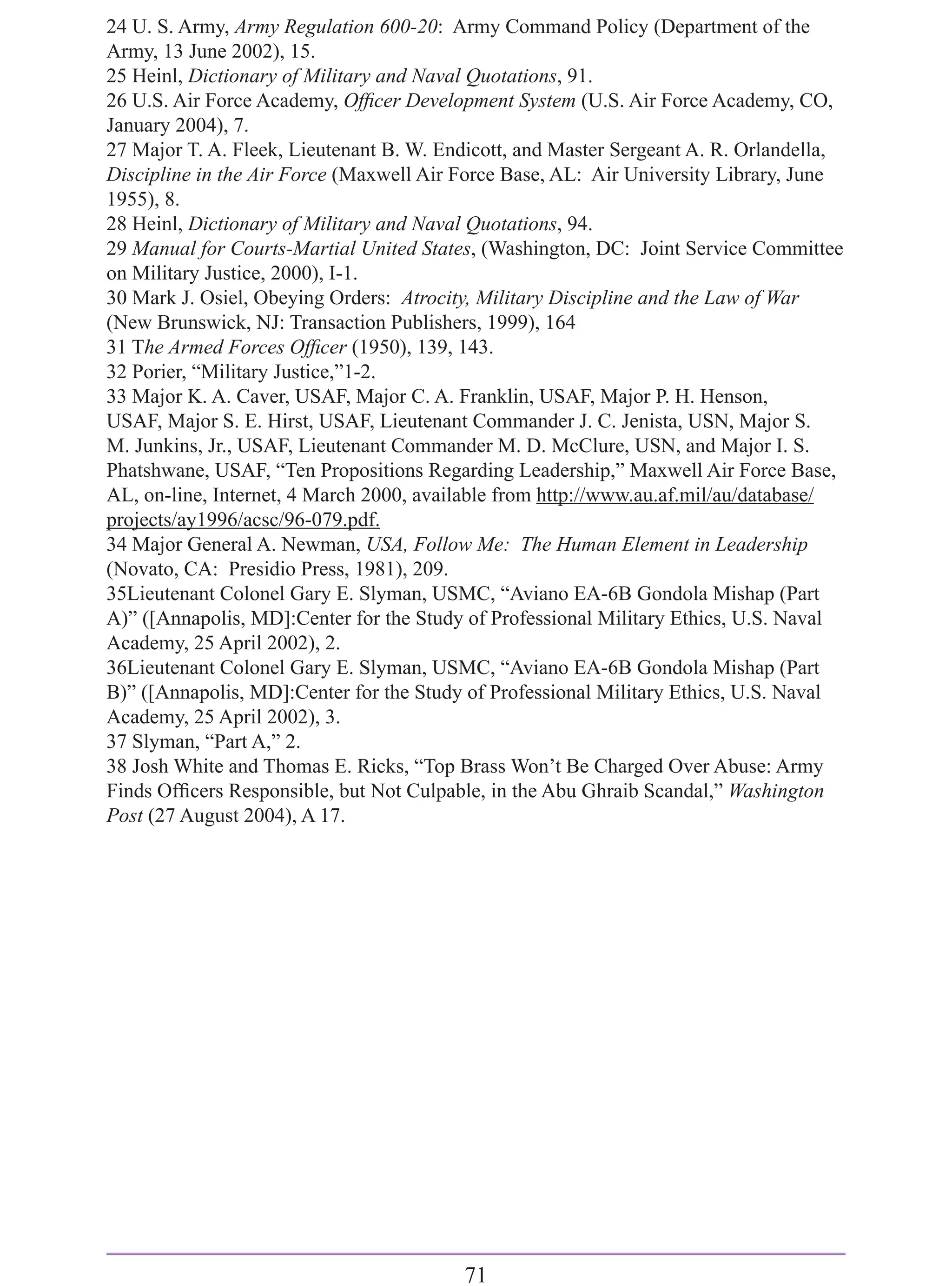 24 U. S. Army, Army Regulation 600-20: Army Command Policy (Department of the
Army, 13 June 2002), 15.
25 Heinl, Dictionary of Military and Naval Quotations, 91.
26 U.S. Air Force Academy, Ofﬁcer Development System (U.S. Air Force Academy, CO,
January 2004), 7.
27 Major T. A. Fleek, Lieutenant B. W. Endicott, and Master Sergeant A. R. Orlandella,
Discipline in the Air Force (Maxwell Air Force Base, AL: Air University Library, June
1955), 8.
28 Heinl, Dictionary of Military and Naval Quotations, 94.
29 Manual for Courts-Martial United States, (Washington, DC: Joint Service Committee
on Military Justice, 2000), I-1.
30 Mark J. Osiel, Obeying Orders: Atrocity, Military Discipline and the Law of War
(New Brunswick, NJ: Transaction Publishers, 1999), 164
31 The Armed Forces Ofﬁcer (1950), 139, 143.
32 Porier, “Military Justice,”1-2.
33 Major K. A. Caver, USAF, Major C. A. Franklin, USAF, Major P. H. Henson,
USAF, Major S. E. Hirst, USAF, Lieutenant Commander J. C. Jenista, USN, Major S.
M. Junkins, Jr., USAF, Lieutenant Commander M. D. McClure, USN, and Major I. S.
Phatshwane, USAF, “Ten Propositions Regarding Leadership,” Maxwell Air Force Base,
AL, on-line, Internet, 4 March 2000, available from http://www.au.af.mil/au/database/
projects/ay1996/acsc/96-079.pdf.
34 Major General A. Newman, USA, Follow Me: The Human Element in Leadership
(Novato, CA: Presidio Press, 1981), 209.
35Lieutenant Colonel Gary E. Slyman, USMC, “Aviano EA-6B Gondola Mishap (Part
A)” ([Annapolis, MD]:Center for the Study of Professional Military Ethics, U.S. Naval
Academy, 25 April 2002), 2.
36Lieutenant Colonel Gary E. Slyman, USMC, “Aviano EA-6B Gondola Mishap (Part
B)” ([Annapolis, MD]:Center for the Study of Professional Military Ethics, U.S. Naval
Academy, 25 April 2002), 3.
37 Slyman, “Part A,” 2.
38 Josh White and Thomas E. Ricks, “Top Brass Won’t Be Charged Over Abuse: Army
Finds Ofﬁcers Responsible, but Not Culpable, in the Abu Ghraib Scandal,” Washington
Post (27 August 2004), A 17.




                                         71
 
