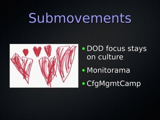 SubmovementsSubmovements
● DOD focus staysDOD focus stays
on cultureon culture
● MonitoramaMonitorama
● CfgMgmtCampCfgMgmtCamp
 