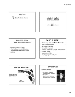 6/19/2012




                            YouTube
               • Butterfly Effects Channel




                State ASD Portal:                          WHAT IS CARD?
              www.autismflorida.com          • Center for Autism and Related Disabilities
                                             •    State Funded Program
                                             •    No charge to families
   • Autism Society of Florida
                                             •    Consultative Support
   • Florida Department of Education
                                             •    Enhance community supports and programs
     Professional Development Portal
                                             •    Capacity builder
   • CARD
                                             •    Leadership in ASD
                                             •    Develop programs to fill gaps




                                                               CARD SERVES
               Dial 800 9-AUTISM
                                                 Qualifying Diagnoses

                                                   • All DSM-IV Pervasive
                                                     Developmental Disorders
Currently CARD centers
provide support to over
                                                   • Deaf-Blind
25,000 individuals in the                          • Deaf/Blind & Additional
         state.
                                                     Developmental Disability




                                                                                                  11
 