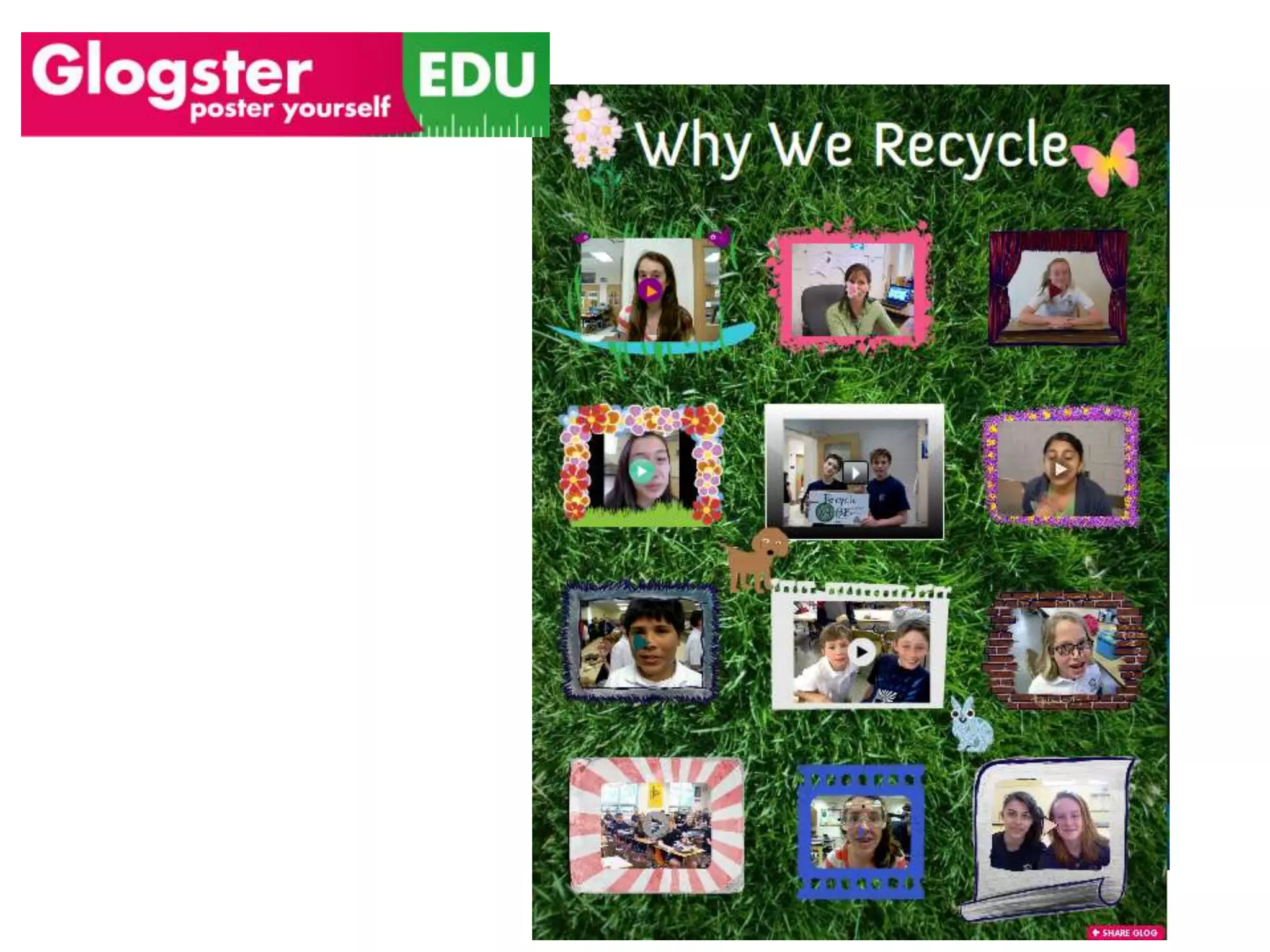 Interactive posterDrag and drop interfaceUpload images, video, audioOffer teacher portal/class management toolsEasy to share glogs/easy to keep them privateFlash-based