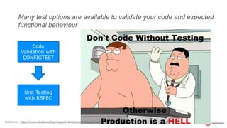 Many test options are available to validate your code and expected
functional behaviour
Code
Validation with
CONFIGTEST
Unit Testing
with RSPEC
Reference : https://www.elastic.co/blog/logstash-functionality-through-testing
 