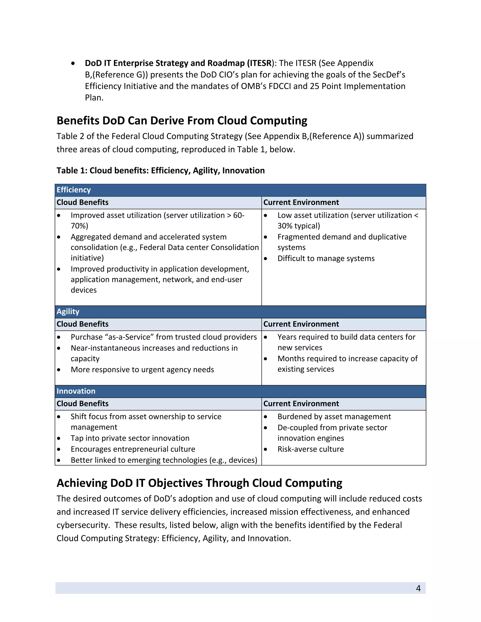    DoD IT Enterprise Strategy and Roadmap (ITESR): The ITESR (See Appendix 
        B,(Reference G)) presents the DoD CIO’s plan for achieving the goals of the SecDef’s 
        Efficiency Initiative and the mandates of OMB’s FDCCI and 25 Point Implementation 
        Plan. 

Benefits DoD Can Derive From Cloud Computing 
Table 2 of the Federal Cloud Computing Strategy (See Appendix B,(Reference A)) summarized 
three areas of cloud computing, reproduced in Table 1, below. 

Table 1: Cloud benefits: Efficiency, Agility, Innovation 

Efficiency 
Cloud Benefits                                              Current Environment 
   Improved asset utilization (server utilization > 60‐     Low asset utilization (server utilization < 
    70%)                                                        30% typical) 
 Aggregated demand and accelerated system                   Fragmented demand and duplicative 
    consolidation (e.g., Federal Data center Consolidation      systems 
    initiative)                                              Difficult to manage systems 
 Improved productivity in application development, 
    application management, network, and end‐user 
    devices 
     
Agility 
Cloud Benefits                                              Current Environment 
   Purchase “as‐a‐Service” from trusted cloud providers   Years required to build data centers for 
   Near‐instantaneous increases and reductions in            new services 
    capacity                                               Months required to increase capacity of 
 More responsive to urgent agency needs                      existing services 
     
Innovation 
Cloud Benefits                                            Current Environment 
   Shift focus from asset ownership to service                Burdened by asset management 
    management                                                 De‐coupled from private sector 
   Tap into private sector innovation                          innovation engines 
   Encourages entrepreneurial culture                         Risk‐averse culture 
   Better linked to emerging technologies (e.g., devices)

Achieving DoD IT Objectives Through Cloud Computing 
The desired outcomes of DoD’s adoption and use of cloud computing will include reduced costs 
and increased IT service delivery efficiencies, increased mission effectiveness, and enhanced 
cybersecurity.  These results, listed below, align with the benefits identified by the Federal 
Cloud Computing Strategy: Efficiency, Agility, and Innovation.  



 
                                                                                                        4 
 