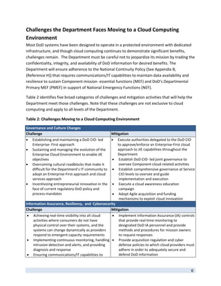 Challenges the Department Faces Moving to a Cloud Computing 
Environment 
Most DoD systems have been designed to operate in a protected environment with dedicated 
infrastructure, and though cloud computing continues to demonstrate significant benefits, 
challenges remain.  The Department must be careful not to jeopardize its mission by trading the 
confidentiality, integrity, and availability of DoD information for desired benefits. The 
Department will ensure adherence to the National Continuity Policy (See Appendix B, 
(Reference H)) that requires communications/IT capabilities to maintain data availability and 
resilience to sustain Component mission‐ essential functions (MEF) and DoD’s Departmental 
Primary MEF (PMEF) in support of National Emergency Functions (NEF).    

Table 2 identifies five broad categories of challenges and mitigation activities that will help the 
Department meet those challenges. Note that these challenges are not exclusive to cloud 
computing and apply to all levels of the Department. 

Table 2: Challenges Moving to a Cloud Computing Environment 

Governance and Culture Changes 
Challenge                                              Mitigation 
   Establishing and maintaining a DoD CIO‐ led               Execute authorities delegated to the DoD CIO 
    Enterprise‐ First approach                                 to approve/enforce an Enterprise‐First cloud 
   Sustaining and managing the evolution of the               approach to JIE capabilities throughout the 
    Enterprise Cloud Environment to enable JIE                 Department 
    objectives                                                 Establish DoD CIO‐ led joint governance to 
   Overcoming cultural roadblocks that make it                 oversee Component cloud‐related activities 
    difficult for the Department’s IT community to             Establish comprehensive governance at Service 
    adopt an Enterprise‐First approach and cloud                CIO levels to oversee and guide 
    services approach                                           implementation and execution 
   Incentivizing entrepreneurial innovation in the            Execute a cloud awareness education 
    face of current regulatory DoD policy and                   campaign 
    process mandates                                           Adopt Agile acquisition and funding 
                                                                mechanisms to exploit cloud innovation 
Information Assurance, Resiliency,  and  Cybersecurity 
Challenge                                          Mitigation 
   Achieving real‐time visibility into all cloud             Implement Information Assurance (IA) controls 
    activities where consumers do not have                     that provide real time monitoring to 
    physical control over their systems, and the               designated DoD IA personnel and provide 
    systems can change dynamically as providers                methods and procedures for mission owners 
    respond to emergent capacity requirements                  to request responses 
   Implementing continuous monitoring, handling              Provide acquisition regulation and cyber 
    intrusion detection and alerts, and providing              defense policies to which cloud providers must 
    diagnosis and response                                     adhere in order to adequately secure and 
   Ensuring communications/IT capabilities to                 defend DoD information 

 
                                                                                                           6 
 