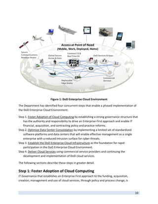  




                                    Access at Point of Need
                                (Mobile, Work, Deployed, Home)
    Secure 
                                             Common C2 & 
    Communications      Global Secure                         DoD Services & Apps
                                             Real Time SA
    Between Nodes       Access & Data




                                                                       Commercial 
                                        Deployable                     Services
                                        Edge Nodes



                                                                                                   
                          Figure 1: DoD Enterprise Cloud Environment 

The Department has identified four concurrent steps that enable a phased implementation of 
the DoD Enterprise Cloud Environment: 

Step 1. Foster Adoption of Cloud Computing by establishing a strong governance structure that 
   has the authority and responsibility to drive an Enterprise‐First approach and enable IT 
   financial, acquisition, and contracting policy and practice reforms. 
Step 2. Optimize Data Center Consolidation by implementing a limited set of standardized 
   software platforms and data centers that will enable effective management as a single 
   enterprise with a reduced intrusion surface for cyber threats. 
Step 3. Establish the DoD Enterprise Cloud Infrastructure as the foundation for rapid 
   participation in the DoD Enterprise Cloud Environment. 
Step 4. Deliver Cloud Services using commercial service providers and continuing the 
   development and implementation of DoD cloud services. 

The following sections describe these steps in greater detail.  

Step 1: Foster Adoption of Cloud Computing 
IT Governance that establishes an Enterprise First approach to the funding, acquisition, 
creation, management and use of cloud services, through policy and process change, is 

 
                                                                                            10 
 