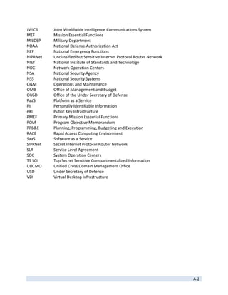 JWICS      Joint Worldwide Intelligence Communications System 
MEF        Mission Essential Functions 
MILDEP     Military Department 
NDAA       National Defense Authorization Act 
NEF        National Emergency Functions 
NIPRNet    Unclassified but Sensitive Internet Protocol Router Network 
NIST       National Institute of Standards and Technology 
NOC        Network Operation Centers 
NSA        National Security Agency 
NSS        National Security Systems 
O&M        Operations and Maintenance 
OMB        Office of Management and Budget 
OUSD       Office of the Under Secretary of Defense 
PaaS       Platform as a Service 
PII        Personally Identifiable Information 
PKI        Public Key Infrastructure 
PMEF       Primary Mission Essential Functions 
POM        Program Objective Memorandum 
PPB&E      Planning, Programming, Budgeting and Execution 
RACE       Rapid Access Computing Environment 
SaaS       Software as a Service 
SIPRNet    Secret Internet Protocol Router Network 
SLA        Service Level Agreement 
SOC        System Operation Centers 
TS SCI     Top Secret Sensitive Compartmentalized Information 
UDCMO      Unified Cross Domain Management Office 
USD        Under Secretary of Defense 
VDI        Virtual Desktop Infrastructure




 
                                                                          A‐2 
 