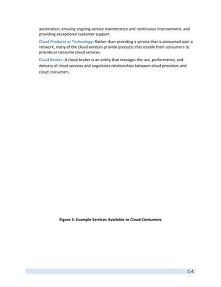 automation, ensuing ongoing service maintenance and continuous improvement, and 
    providing exceptional customer support. 
    Cloud Products or Technology: Rather than providing a service that is consumed over a 
    network, many of the cloud vendors provide products that enable their consumers to 
    provide or consume cloud services. 
    Cloud Broker: A cloud broker is an entity that manages the use, performance, and 
    delivery of cloud services and negotiates relationships between cloud providers and 
    cloud consumers. 




                                                                                                   
               Figure 3: Example Services Available to Cloud Consumers 

 




 
                                                                                           C‐4 
 