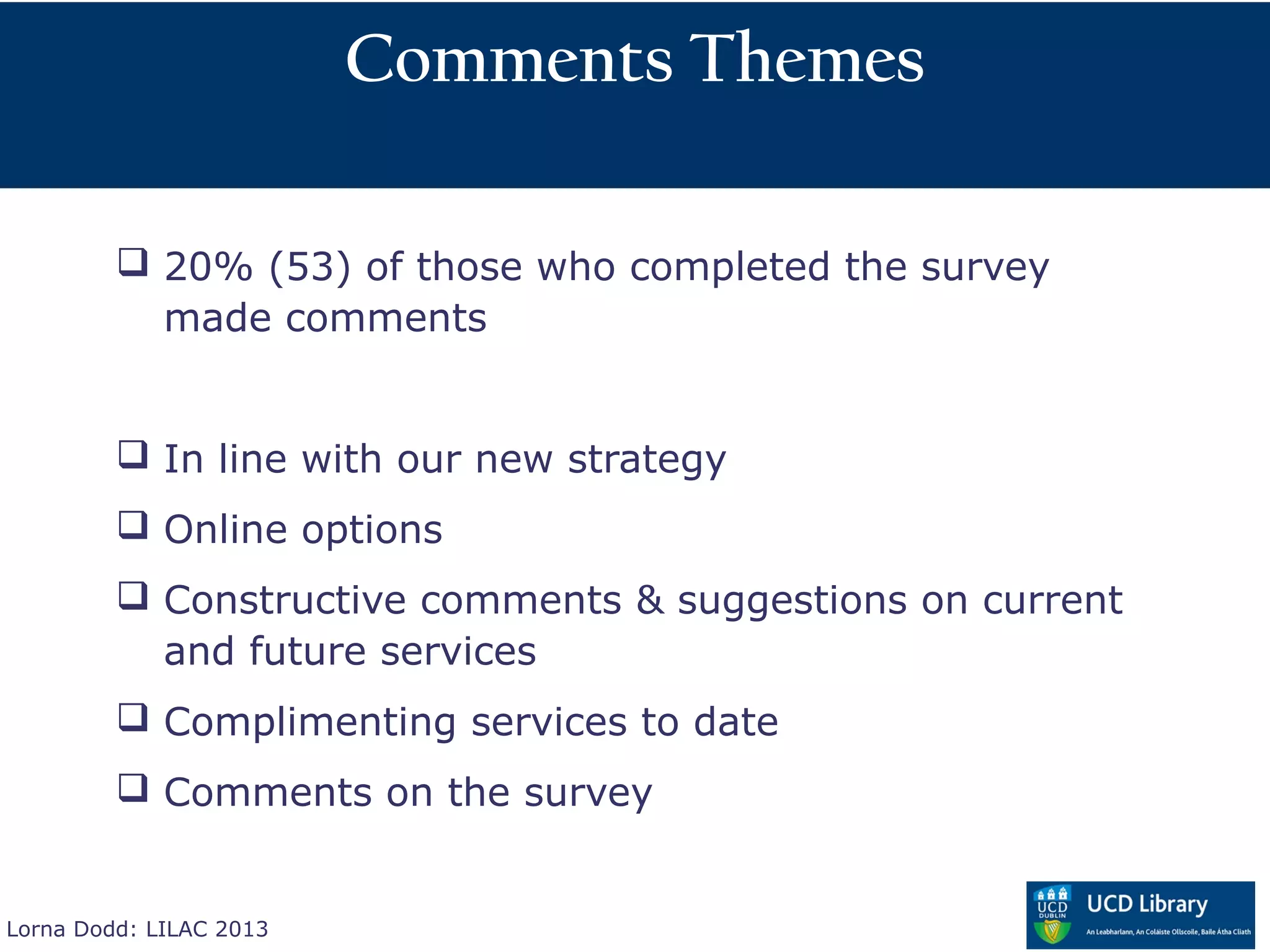 Comments Themes

          20% (53) of those who completed the survey
           made comments


          In line with our new strategy
          Online options
          Constructive comments & suggestions on current
           and future services
          Complimenting services to date
          Comments on the survey


Lorna Dodd: LILAC 2013
 