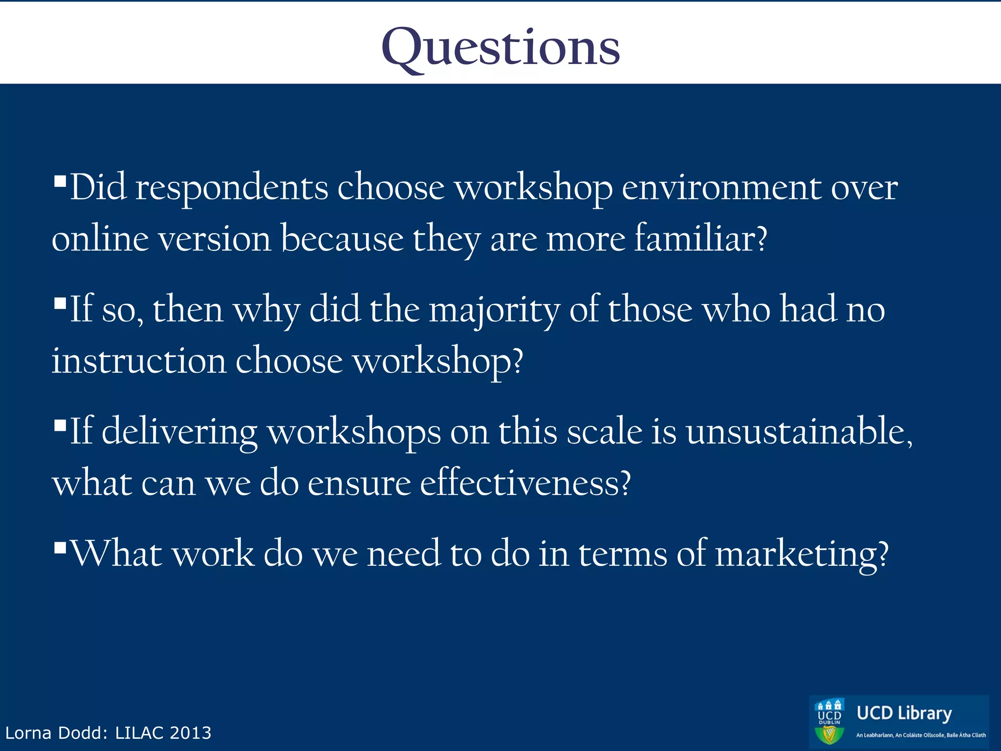 Questions

    Did respondents choose workshop environment over
    online version because they are more familiar?
    If so, then why did the majority of those who had no
    instruction choose workshop?
    If delivering workshops on this scale is unsustainable,
    what can we do ensure effectiveness?
    What work do we need to do in terms of marketing?



Lorna Dodd: LILAC 2013
 