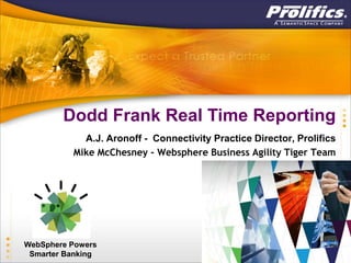 Dodd Frank Real Time Reporting
            A.J. Aronoff - Connectivity Practice Director, Prolifics
          Mike McChesney - Websphere Business Agility Tiger Team




WebSphere Powers
 Smarter Banking
 