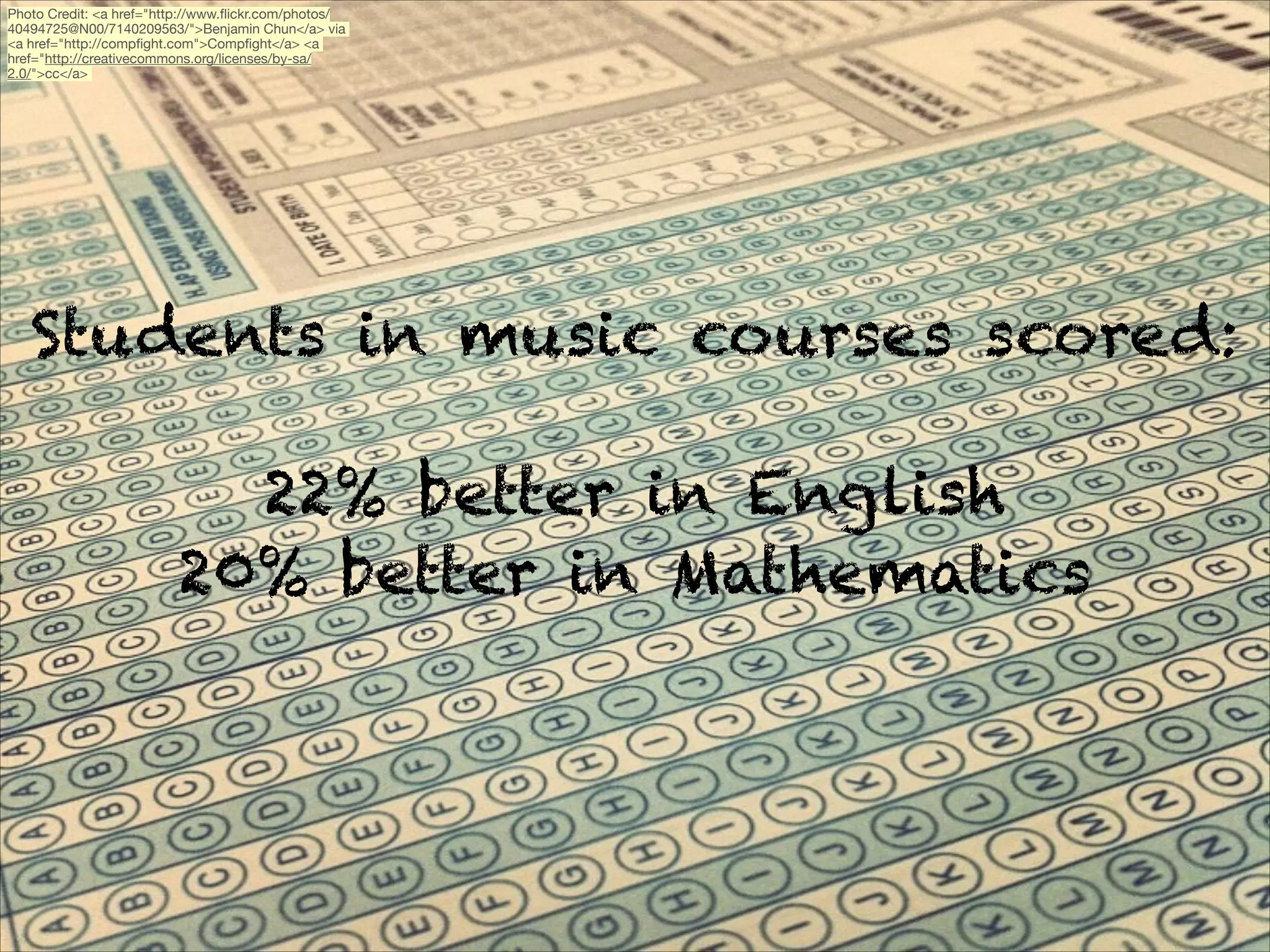 Photo Credit: <a href="http://www.ﬂickr.com/photos/
40494725@N00/7140209563/">Benjamin Chun</a> via
<a href="http://compﬁght.com">Compﬁght</a> <a
href="http://creativecommons.org/licenses/by-sa/
2.0/">cc</a>


Students in music courses scored:
!

22% better in English
20% better in Mathematics

 