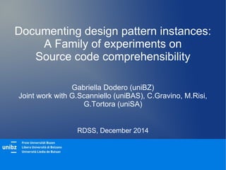 Documenting design pattern instances:
A Family of experiments on
Source code comprehensibility
Gabriella Dodero (uniBZ)
Joint work with G.Scanniello (uniBAS), C.Gravino, M.Risi,
G.Tortora (uniSA)
RDSS, December 2014
 