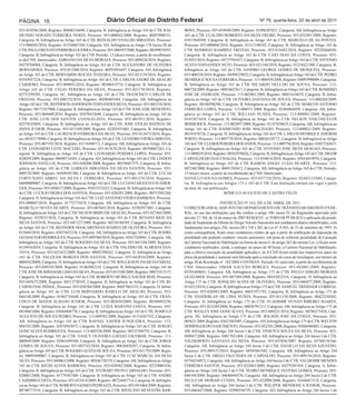 PÁGINA 16                                               Diário Oficial do Distrito Federal                                                            Nº 76, quarta-feira, 20 de abril de 2011

055-010396/2008, Registro: 00408216698, Categoria: B, Infringência ao Artigo 165 do CTB. RAI-        BOSA, Processo: 055-034949/2009, Registro: 01896207821, Categoria: AB, Infringência ao Artigo
MUNDO NONATO FERREIRA NERES, Processo: 055-008842/2008, Registro: 00497890331,                       165 do CTB. CLAUDIO ROBERTO DA SILVA FREIRE, Processo: 055-032491/2009, Registro:
Categoria: B, Infringência ao Artigo 165 do CTB. REINALDO VIVALDO MIRANDA, Processo:                 01015844588, Categoria: B, Infringência ao Artigo 165 do CTB. MARCELO DE SA PONTES,
113-006045/2010, Registro: 01556065104, Categoria: AD, Infringência ao Artigo 176 Inciso III do      Processo: 055-000806/2010, Registro: 01515340102, Categoria: B, Infringência ao Artigo 165 do
CTB. PAULO RENATO FERREIRA GUERRA, Processo: 055-000397/2008, Registro: 00399074507,                 CTB. RODRIGO RAMIREZ FREITAS, Processo: 055-018482/2010, Registro: 02220266030,
Categoria: B, Infringência ao Artigo 165 do CTB. Período: 12 (doze) meses, a partir do recolhimen-   Categoria: B, Infringência ao Artigo 165 do CTB. CAIO DIAS DA COSTA, Processo: 055-
to da CNH. Interessados: ADRIANO DA SILVA MORAES, Processo: 055-009420/2010, Registro:               012052/2010, Registro: 04737585457, Categoria: B, Infringência ao Artigo 165 do CTB. ANTONIO
04279768968, Categoria: B, Infringência ao Artigo 165 do CTB. ALEXANDRE DE OLIVEIRA                  ALVES FERNANDES NETO, Processo: 055-021160/2010, Registro: 01254421300, Categoria: B,
BERNARDES, Processo: 055-012308/2010, Registro: 00291091697, Categoria: AD, Infringência             Infringência ao Artigo 165 do CTB. SANDRO GEORGE GOMES DE MESQUITA, Processo:
ao Artigo 165 do CTB. BERNARDO ROCHA TEIXEIRA, Processo: 055-021159/2010, Registro:                  055-006528/2010, Registro: 04498329032, Categoria: B, Infringência ao Artigo 165 do CTB. PEDRO
03543037224, Categoria: B, Infringência ao Artigo 165 do CTB. CARLOS ANDRE DE ARAUJO                 HENRIQUE SOUSA FERREIRA, Processo: 113-006939/2008, Registro: 04093990009, Categoria:
CARDOSO, Processo: 055-009691/2010, Registro: 00306433716, Categoria: B, Infringência ao             B, Infringência ao Artigo 165 do CTB. RICARDO DELCHO DE SOUSA, Processo: 113-
Artigo 165 do CTB. CELIO PEREIRA DA SILVA, Processo: 055-021170/2010, Registro:                      006728/2009, Registro: 00834627617, Categoria: B, Infringência ao Artigo 165 do CTB. ROMERIO
02753299205, Categoria: AC, Infringência ao Artigo 165 do CTB. FRANCISCO CARLOS DE                   JOSE DE ANDRADE, Processo: 113-002001/2009, Registro: 00021616674, Categoria: B, Infrin-
FREITAS, Processo: 055-008732/2010, Registro: 00296803484, Categoria: AB, Infringência ao            gência ao Artigo 165 do CTB. OLIVEIRA SANTANA DE SOUZA, Processo: 113-008284/2009,
Artigo 165 do CTB. JEFFERSON ANDERSON FERNANDES SILVA, Processo: 055-005218/2010,                    Registro: 00160298288, Categoria: B, Infringência ao Artigo 165 do CTB. MARCOS ANTONIO
Registro: 00171927006, Categoria: B, Infringência ao Artigo 165 do CTB. JOSE EDIL BENEDITO,          FERREIRA LOPES, Processo: 113-006971/2009, Registro: 03484860499, Categoria: AB, Infrin-
Processo: 055-004449/2010, Registro: 01078432649, Categoria: B, Infringência ao Artigo 165 do        gência ao Artigo 165 do CTB. WILLIAN NUNES, Processo: 113-009091/2009, Registro:
CTB. JOSE LUIS DOS SANTOS EVANGELISTA, Processo: 055-001951/2010, Registro:                          01453873418, Categoria: B, Infringência ao Artigo 165 do CTB. NELSON VASCONCELOS
02574535094, Categoria: B, Infringência ao Artigo 165 do CTB. JOSE OTILIO BATISTA DE                 BERBERICK, Processo: 113-002897/2009, Registro: 01147658633, Categoria: AB, Infringência ao
PAIVA JUNIOR, Processo: 055-015349/2009, Registro: 02283455465, Categoria: B, Infringência           Artigo 165 do CTB. RAIMUNDO JOSE MACHADO, Processo: 113-008021/2009, Registro:
ao Artigo 165 do CTB. LAURENCIO FERREIRA DA SILVA, Processo: 055-013673/2010, Regis-                 00141878726, Categoria: D, Infringência ao Artigo 165 do CTB. CARLOS HENRIQUE AMORIM
tro: 00165178980, Categoria: B, Infringência ao Artigo 165 do CTB. LEANDRO VIEIRAARRUDA,             PORTO, Processo: 113-005778/2010, Registro: 00036530772, Categoria: B, Infringência ao Artigo
Processo: 055-007392/2010, Registro: 01176440712, Categoria: AB, Infringência ao Artigo 165 do       165 do CTB. CLEBER PEREIRA DOS ANJOS, Processo: 113-009756/2010, Registro: 03827242637,
CTB. LEONARDO LEITE MACEDO, Processo: 055-013678/2010, Registro: 00398067263, Ca-                    Categoria: B, Infringência ao Artigo 165 do CTB. ANTONIO JOSE SILVA ARAGAO, Processo:
tegoria: B, Infringência ao Artigo 165 do CTB. LEONARDO PEREIRA LOPES, Processo: 055-                113-009829/2010, Registro: 00365970626, Categoria: B, Infringência ao Artigo 165 do CTB. HIGOR
024059/2009, Registro: 00690718445, Categoria: AD, Infringência ao Artigo 165 do CTB. LINDON         CARVALHEDO DAS CHAGAS, Processo: 113-010614/2010, Registro: 05016019976, Categoria:
JOHNSON SATELLIS, Processo: 055-030206/2008, Registro: 00250047375, Categoria: B, Infrin-            B, Infringência ao Artigo 165 do CTB. RAMON ANGEL LUGO DUARTE, Processo: 113-
gência ao Artigo 165 do CTB. LORRAN MIRANDA DA SILVA SANTOS, Processo: 055-                          007240/2008, Registro: 00691503612, Categoria: AB, Infringência ao Artigo 165 do CTB. Período:
000574/2009, Registro: 04509301380, Categoria: B, Infringência ao Artigo 165 do CTB. LUCAS           13 (treze) meses, a partir do recolhimento da CNH. Interessado:
FORTUNATO ABREU DA SILVA C FERREIRA, Processo: 055-001374/2010, Registro:                            DANILLO SOUSA GOMES, Processo: 055-037720/2010, Registro: 02442152680, Catego-
04698009007, Categoria: B, Infringência ao Artigo 165 do CTB. LUCIANO ARANTES SUXBER-                ria: B, Infringência aos Artigos 175 e 165 do CTB. Esta Instrução entrará em vigor a partir
GER, Processo: 055-050637/2009, Registro: 03855552425, Categoria: B, Infringência ao Artigo 165      da data de sua publicação.
do CTB. LUCILIO MEIRA DOS SANTOS, Processo: 055-026281/2009, Registro: 00757045268,                                             RÔMULO AUGUSTO DE CASTRO FÉLIX
Categoria: D, Infringência ao Artigo 165 do CTB. LUIZ ANTONIO VIEIRA BARBOSA, Processo:
055-000687/2010, Registro: 01772775478, Categoria: AB, Infringência ao Artigo 165 do CTB.                                   INSTRUÇÃO Nº 163, DE 6 DE ABRIL DE 2011.
MARCELO NEVES DUARTE, Processo: 055-007643/2010, Registro: 03302937485, Categoria:                   O DIRETOR GERAL ADJUNTO DO DEPARTAMENTO DE TRÂNSITO DO DISTRITO FEDE-
B, Infringência ao Artigo 165 do CTB. NILSON BISPO DE ARAUJO, Processo: 055-027465/2009,             RAL, no uso das atribuições que lhe confere o artigo 100, inciso IV, do Regimento aprovado pelo
Registro: 03292315838, Categoria: B, Infringência ao Artigo 165 do CTB. RENATO RIOS DA               decreto 27.784, de 16 de março de 2007 RESOLVE: a) TORNAR PÚBLICO a aplicação da penali-
SILVA SANTOS, Processo: 055-041327/2009, Registro: 04338188569, Categoria: B, Infringência           dade de Suspensão do Direito de Dirigir Veículo Automotor aos condutores abaixo identificados, com
ao Artigo 165 do CTB. RENNDER MASCARENHAS SOARES DE OLIVEIRA, Processo: 055-                         fundamento nos artigos 256, incisos III e VII e 261 da Lei nº. 9.503, de 23 de setembro de 1997; b)
015684/2010, Registro: 03835635236, Categoria: AB, Infringência ao Artigo 165 do CTB. RODRI-         como consequência, ficam esses condutores cientes de que a partir da notificação da imposição da
GO MACEDO RODRIGUES, Processo: 055-009760/2010, Registro: 02417268941, Categoria: AB,                penalidade não poderão conduzir veículo automotor, sob pena de sofrerem penalidade de Cassação
Infringência ao Artigo 165 do CTB. ROGERIO DA SILVA, Processo: 055-043104/2009, Registro:            da Carteira Nacional de Habilitação na forma do inciso I; do artigo 263 da mesma Lei; c) ficam esses
01349162034, Categoria: B, Infringência ao Artigo 165 do CTB. VALERIO DE ALMEIDA SAN-                condutores notificados, ainda, a entregar, no prazo de 48 horas, a Carteira Nacional de Habilitação,
TANA, Processo: 055-025452/2009, Registro: 00092390262, Categoria: D, Infringência ao Artigo         para a efetiva execução da penalidade aplicada e; d) A CNH ficará retida nos respectivos autos no
165 do CTB. VALQUER BORGES DOS SANTOS, Processo: 055-042010/2009, Registro:                          prazo da penalidade e somente será liberada após a conclusão do curso de reciclagem, nos termos do
00045428009, Categoria: D, Infringência ao Artigo 165 do CTB. WALLIGSON DA SILVA FARIAS,             artigo 20 da Resolução nº. 182/2005-CONTRAN. Período: 01 (um) mês, a partir do recolhimento da
Processo: 055-049193/2009, Registro: 01462082334, Categoria: B, Infringência ao Artigo 165 do        CNH. Interessados: OMAR GALVÃO BORGES, Processo: 055-042081/2009, Registro:
CTB. JOSE DE RIBAMAR LIMA DA SILVA, Processo: 055-015340/2009, Registro: 00075413157,                03391604043, Categoria: AB, Infringência ao Artigo 175 do CTB. PAULO SERGIO MORAES
Categoria: B, Infringência ao Artigo 165 do CTB. ROBERTO MURILO XAVIER REIS, Processo:               GUZZARDI, Processo: 055-007589/2008, Registro: 00162822516, Categoria: D, Infringência ao
055-045675/2009, Registro: 04313730345, Categoria: B, Infringência ao Artigo 165 do CTB. RI-         Artigo 175 do CTB. RONILDO ALVES DE OLIVEIRA, Processo: 055-046857/2009, Registro:
CARDO DAL PISSOL, Processo: 055-038584/2009, Registro: 00457663535, Categoria: D, Infrin-            01165118334, Categoria: B, Infringência ao Artigo 175 do CTB. SAMUEL TRINDADE CORREIA,
gência ao Artigo 165 do CTB. LUIS BERNARDO RABELO DE ARAUJO, Processo: 055-                          Processo: 055-026943/2009, Registro: 04651971703, Categoria: B, Infringência ao Artigo 175 do
046148/2009, Registro: 01965756448, Categoria: B, Infringência ao Artigo 165 do CTB. FRAN-           CTB. VANDERLAN DE LIMA NUNES, Processo: 055-011158/2009, Registro: 00422330502,
CISCO DE MATOS ALBANO JUNIOR, Processo: 055-003650/2009, Registro: 00100493230,                      Categoria: D, Infringência ao Artigo 175 do CTB. VLADIMIR NUNAN RIBEIRO SOARES,
Categoria: B, Infringência ao Artigo 165 do CTB. LUIZA MARTINS COSTA, Processo: 055-                 Processo: 055-033249/2008, Registro: 00028791213, Categoria: AB, Infringência ao Artigo 175 do
041800/2008, Registro: 03664408770, Categoria: B, Infringência ao Artigo 165 do CTB. ROMULO          CTB. WESLEY JOSE GONCALVES, Processo: 055-009221/2010, Registro: 00786275450, Cate-
AUGUSTO DE SOUZA PEDRO, Processo: 113-009585/2009, Registro: 01314367332, Categoria:                 goria: AE, Infringência ao Artigo 175 do CTB. WILSON JOSE DA COSTA, Processo: 055-
AB, Infringência ao Artigo 165 do CTB. RAFAEL XAVIER JUNQUEIRA, Processo: 113-                       005621/2009, Registro: 02633883985, Categoria: AD, Infringência ao Artigo 175 do CTB. WELTON
004545/2009, Registro: 03076943075, Categoria: B, Infringência ao Artigo 165 do CTB. SERGIO          DOMINGOS DO NASCIMENTO, Processo: 055-052501/2008, Registro: 03866966803, Categoria:
GONCALVES RODRIGUES, Processo: 113-002526/2009, Registro: 00525704759, Categoria: B,                 AB, Infringência ao Artigo 244 Inciso I do CTB. VINICIUS SOUZA DA SILVA, Processo: 055-
Infringência ao Artigo 165 do CTB. NANCY OLIVEIRA GAVIAO ESCOBAR, Processo: 113-                     049047/2008, Registro: 04017831404, Categoria: AB, Infringência ao Artigo 244 Inciso I do CTB.
000969/2009, Registro: 03861699580, Categoria: B, Infringência ao Artigo 165 do CTB. JORGE           VALDEBERTO SANTANA DA SILVA, Processo: 055-037056/2007, Registro: 03788136766,
GOMES DE SOUZA, Processo: 055-007743/2010, Registro: 00630426507, Categoria: B, Infrin-              Categoria: AB, Infringência ao Artigo 244 Inciso I do CTB. DANILLO DA SILVA AZEVEDO,
gência ao Artigo 165 do CTB. ROGERIO ALVES DE SOUZA, Processo: 055-011793/2009, Regis-               Processo: 055-009157/2010, Registro: 04585061942, Categoria: AB, Infringência ao Artigo 244
tro: 00095890067, Categoria: B, Infringência ao Artigo 165 do CTB. LUIZ MARCAL DA SILVA              Inciso I do CTB. DIEGO FAGUNDES DE CARVALHO, Processo: 055-009156/2010, Registro:
NETO, Processo: 055-049063/2008, Registro: 00346728374, Categoria: AB, Infringência ao Artigo        03744234872, Categoria: AB, Infringência ao Artigo 244 Inciso I do CTB. VALDEMIR MENDES
165 do CTB. REGIS ALVES BARBOSA, Processo: 055-028982/2008, Registro: 02529085436,                   FERREIRA SANTOS, Processo: 055-022863/2009, Registro: 04279207454, Categoria: A, Infrin-
Categoria: B, Infringência ao Artigo 165 do CTB. STEWART PINTO CARVALHO, Processo: 055-              gência ao Artigo 244 Inciso I do CTB. PEDRO HENRIQUE FEITOSA GOMES, Processo: 055-
028083/2008, Registro: 01779387309, Categoria: B, Infringência ao Artigo 165 do CTB. ANDRE           040194/2009, Registro: 04640444576, Categoria: AB, Infringência ao Artigo 244 Inciso I do CTB.
CASIMIRO COSTA, Processo: 055-033414/2009, Registro: 00724667714, Categoria: B, Infringên-           PAULO DE MORAIS CUNHA, Processo: 055-022098/2008, Registro: 03444413118, Categoria:
cia ao Artigo 165 do CTB. ROBERTO GOMES PEDRAZZI, Processo: 055-051064/2009, Registro:               AB, Infringência ao Artigo 244 Inciso I do CTB. WALDYR MENDONCA JUNIOR, Processo:
00740773510, Categoria: B, Infringência ao Artigo 165 do CTB. RIVELINO SILVESTRE BAR-                055-046447/2008, Registro: 02980594729, Categoria: AD, Infringência ao Artigo 244 Inciso I do
 