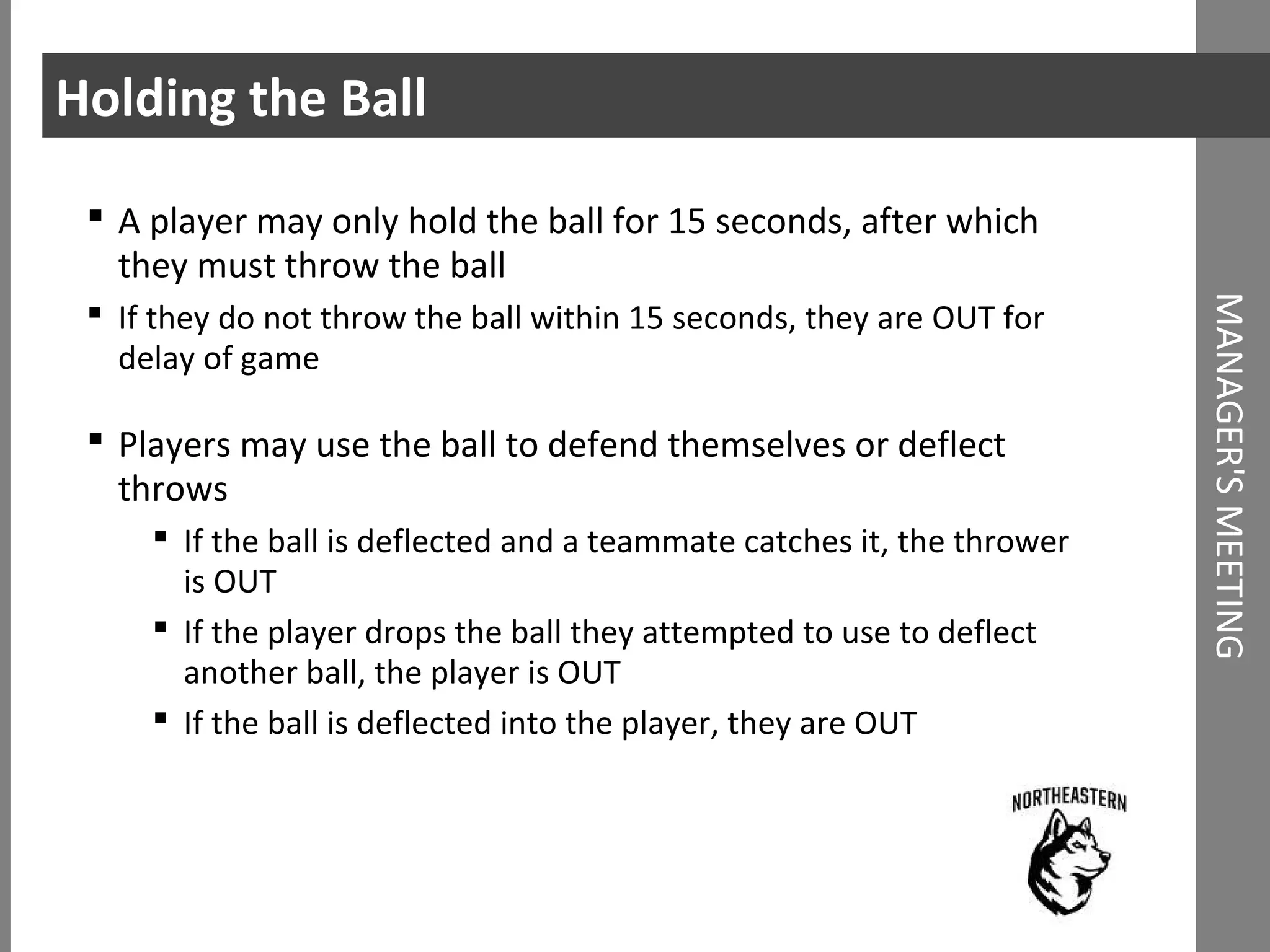 Holding the Ball
MANAGER'SMEETING
 A player may only hold the ball for 15 seconds, after which
they must throw the ball
 If they do not throw the ball within 15 seconds, they are OUT for
delay of game
 Players may use the ball to defend themselves or deflect
throws
 If the ball is deflected and a teammate catches it, the thrower
is OUT
 If the player drops the ball they attempted to use to deflect
another ball, the player is OUT
 If the ball is deflected into the player, they are OUT
 