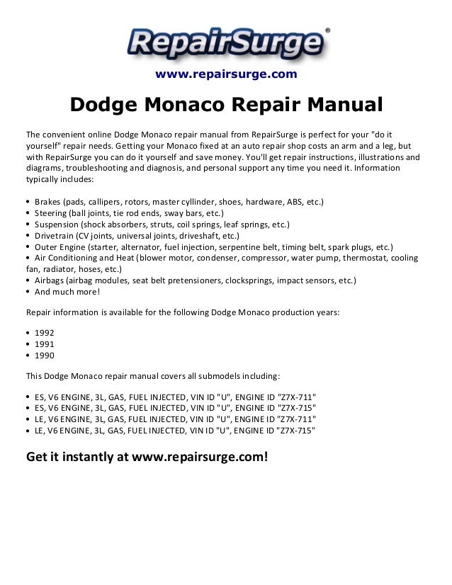 Dodge Monaco Repair Manual 19901992