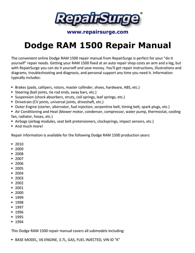 Dodge ram 1500 repair manual 1994 2010 PDF