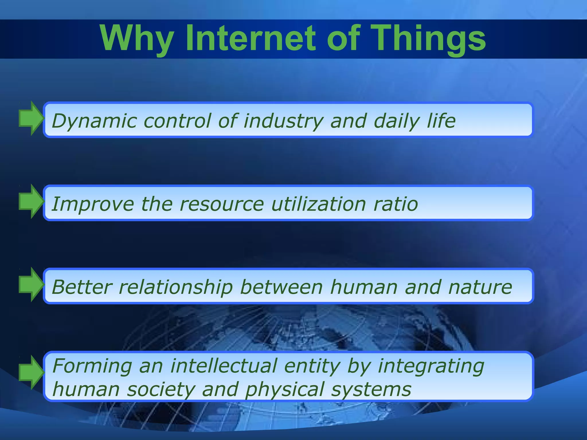 Why Internet of Things
Dynamic control of industry and daily life
Improve the resource utilization ratio
Better relationship between human and nature
Forming an intellectual entity by integrating
human society and physical systems
 