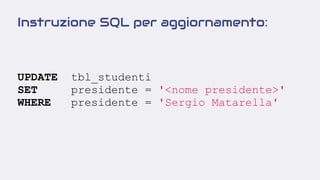 Instruzione SQL per aggiornamento:
UPDATE tbl_studenti
SET presidente = '<nome presidente>'
WHERE presidente = 'Sergio Matarella'
 