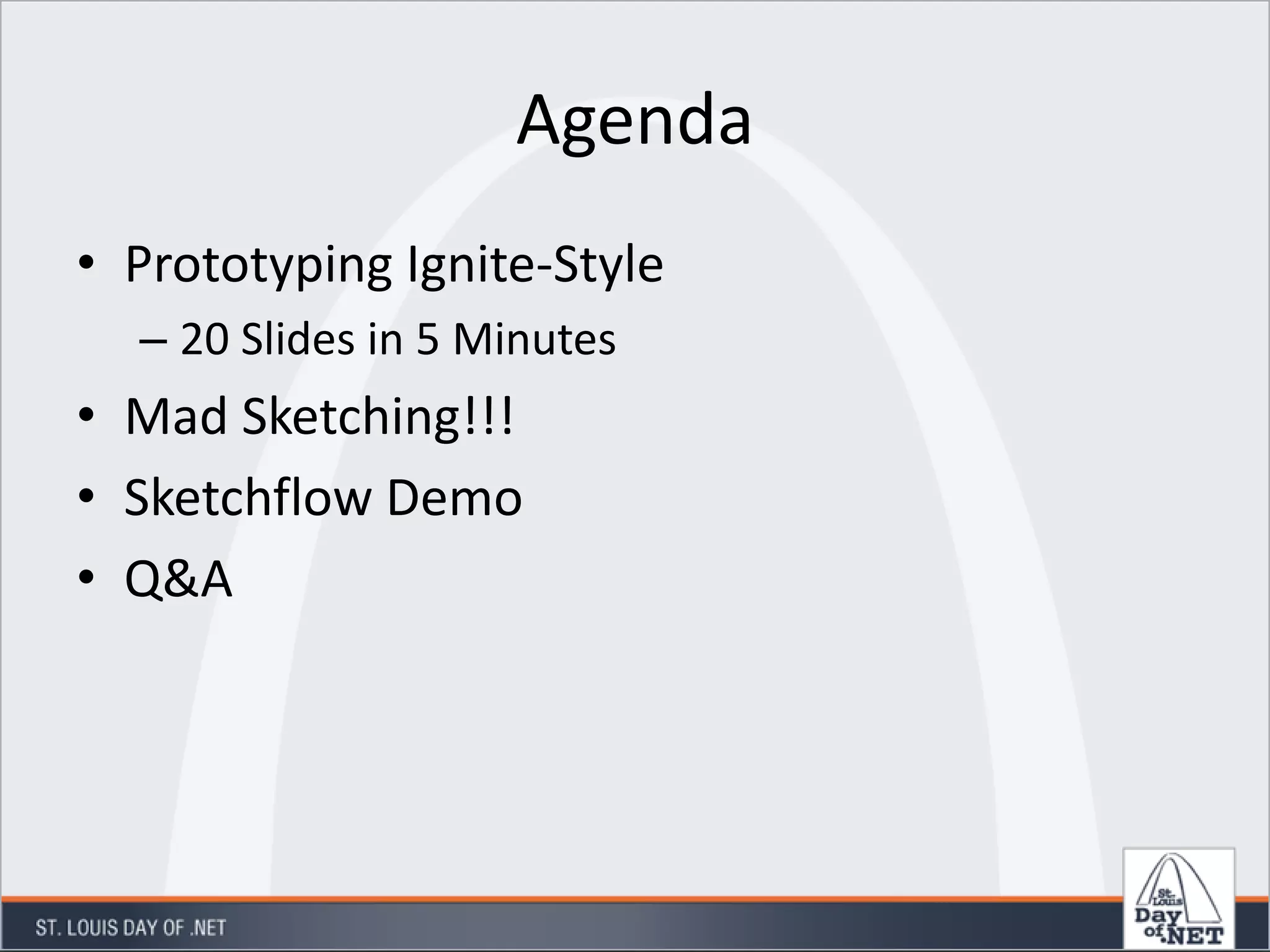 Agenda
• Prototyping Ignite-Style
– 20 Slides in 5 Minutes
• Mad Sketching!!!
• Sketchflow Demo
• Q&A