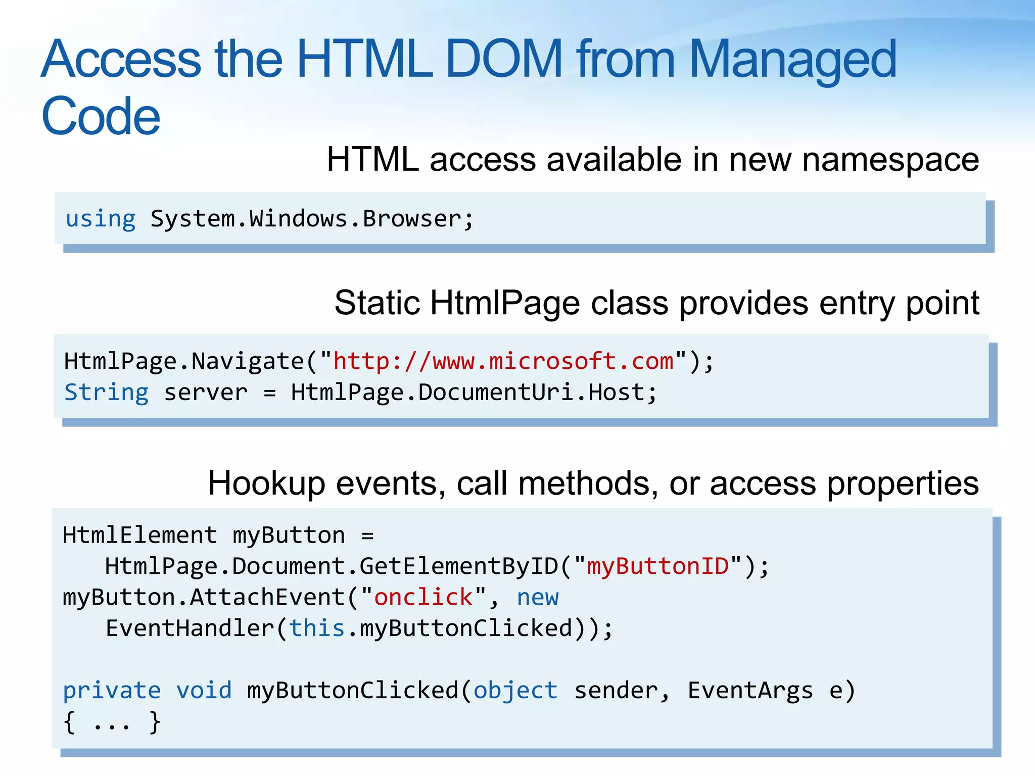 OpenFileDialog, SaveFileDialogProvides native OS experienceSandboxed API returns safe filename and readable streamSupport for multiple files